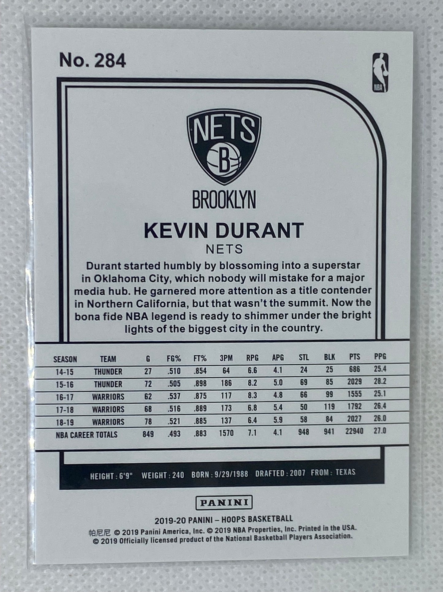 2019-20 Panini Hoops Winter Tribute Kevin Durant #284 Brooklyn Nets