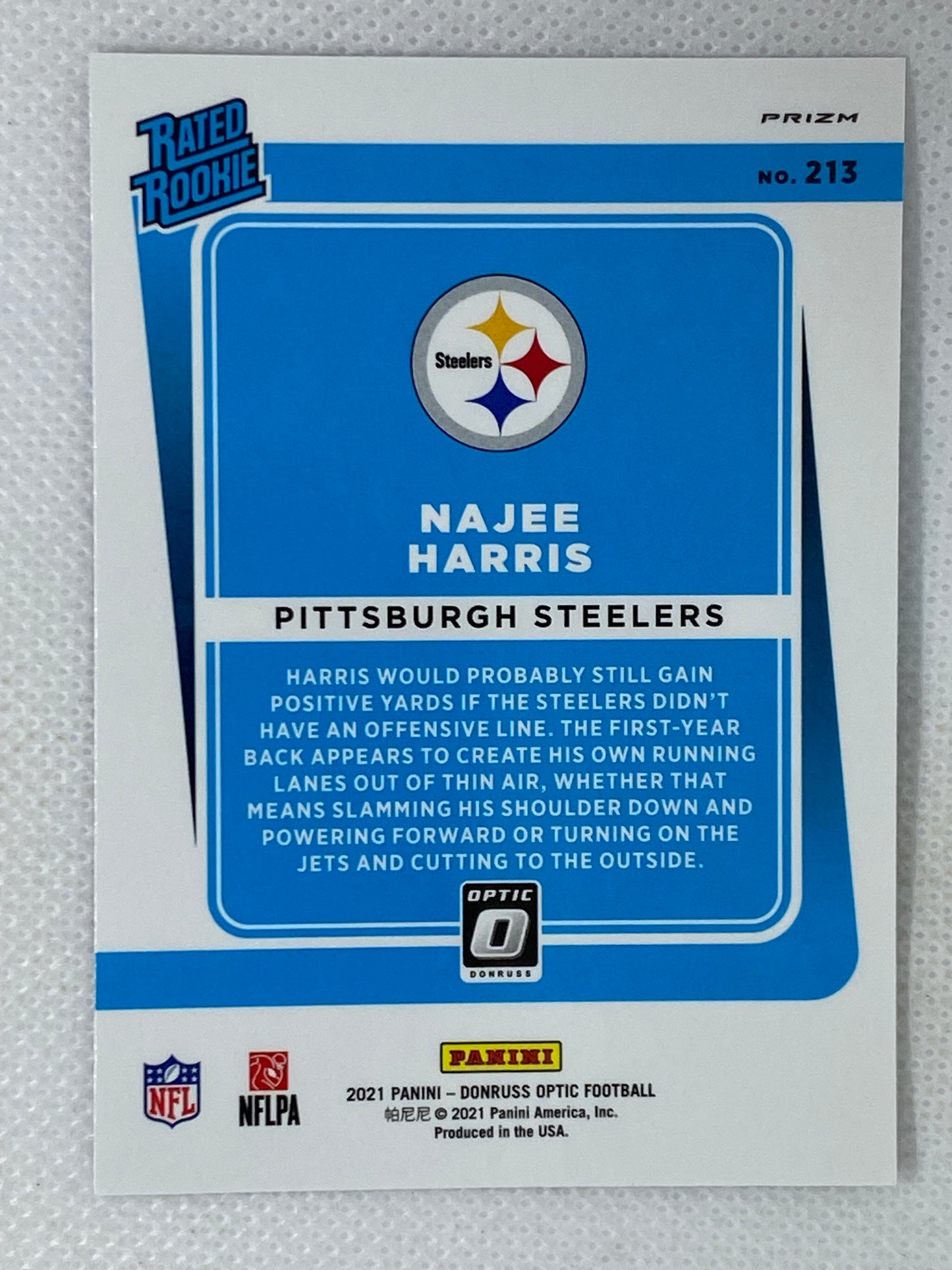 2021 Panini Optic Najee Harris #213 Rated Rookie Blue Stars Prizm SP Pittsburgh Steelers