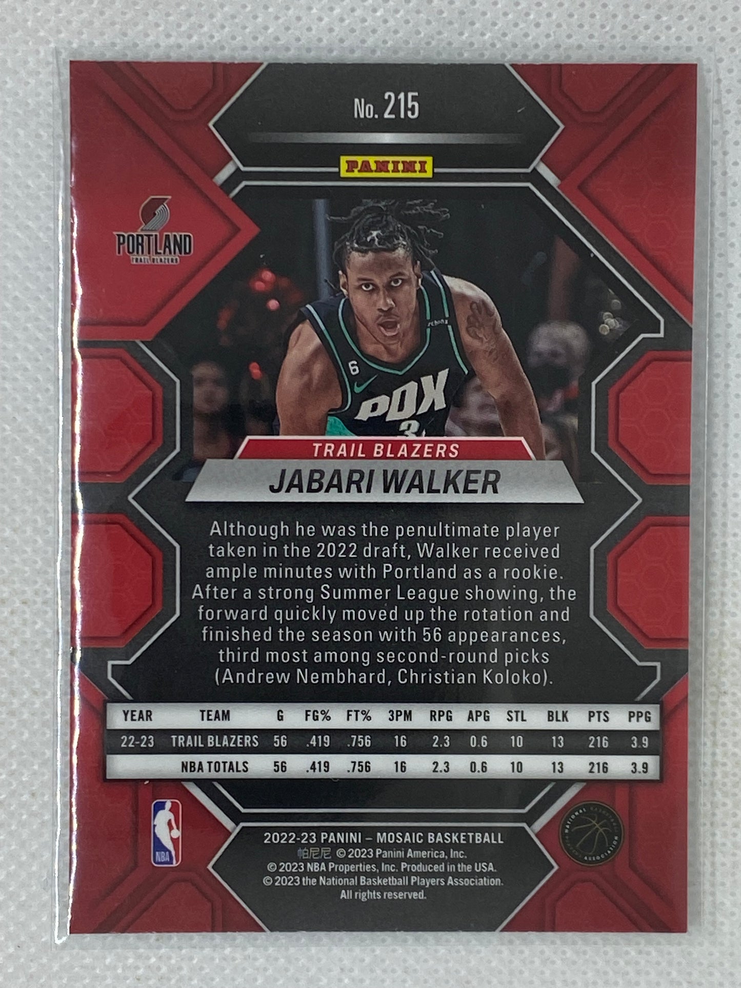 2022-23 Panini Mosaic Jabari Walker Rookie Card #215 Portland Trailblazers