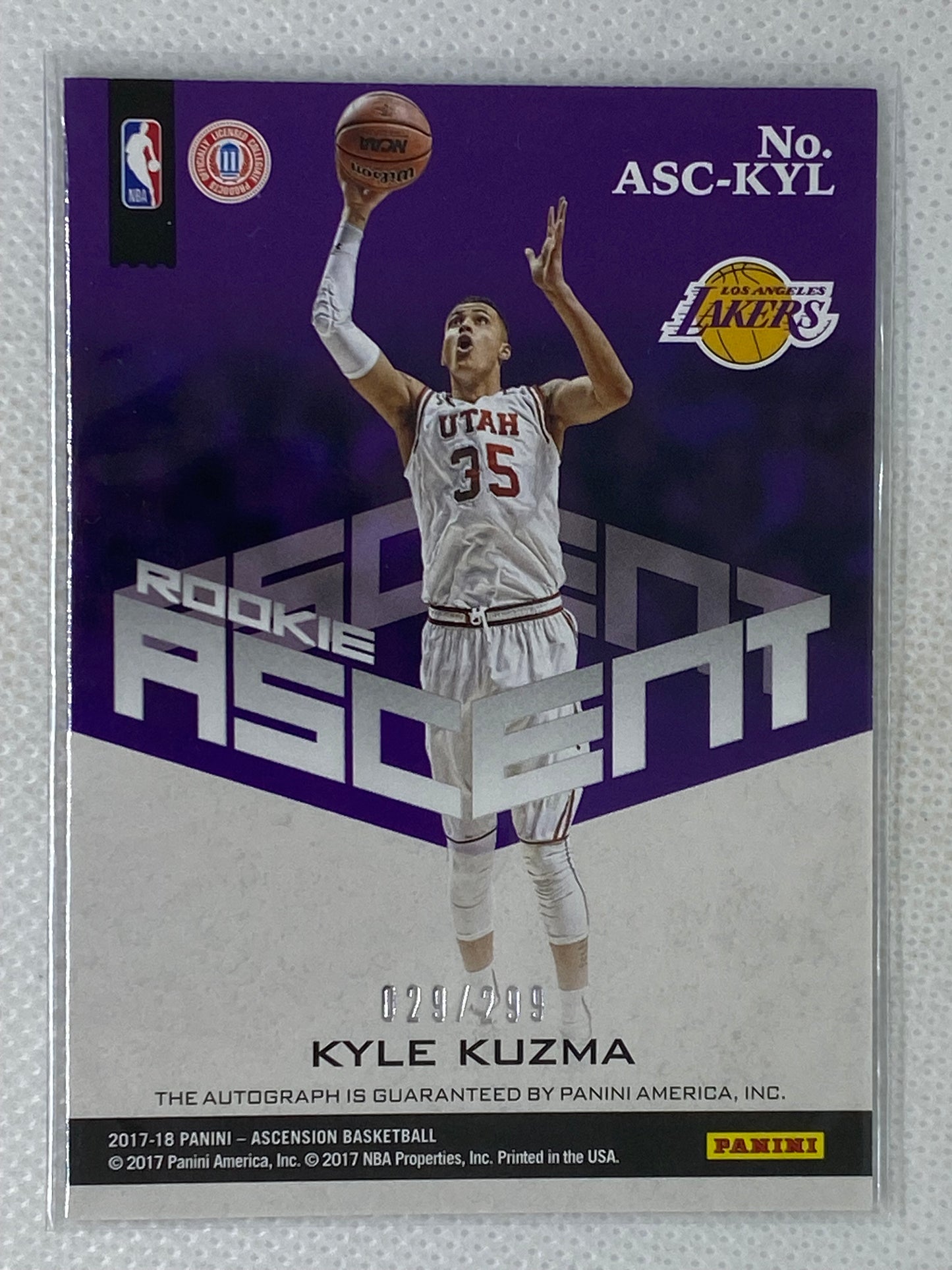 2017-18 Panini Ascension Basketball Kyle Kuzma Rookie Ascent /299 Los Angeles Lakers