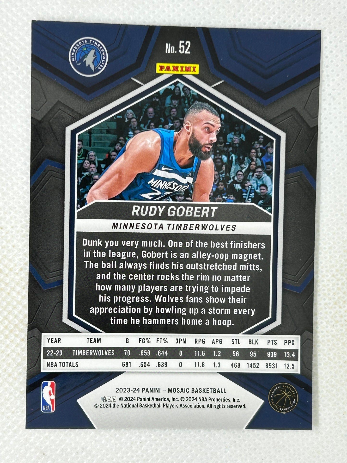 2023-24 Panini Mosaic #52 Rudy Gobert Minnesota Timberwolves Signed Card