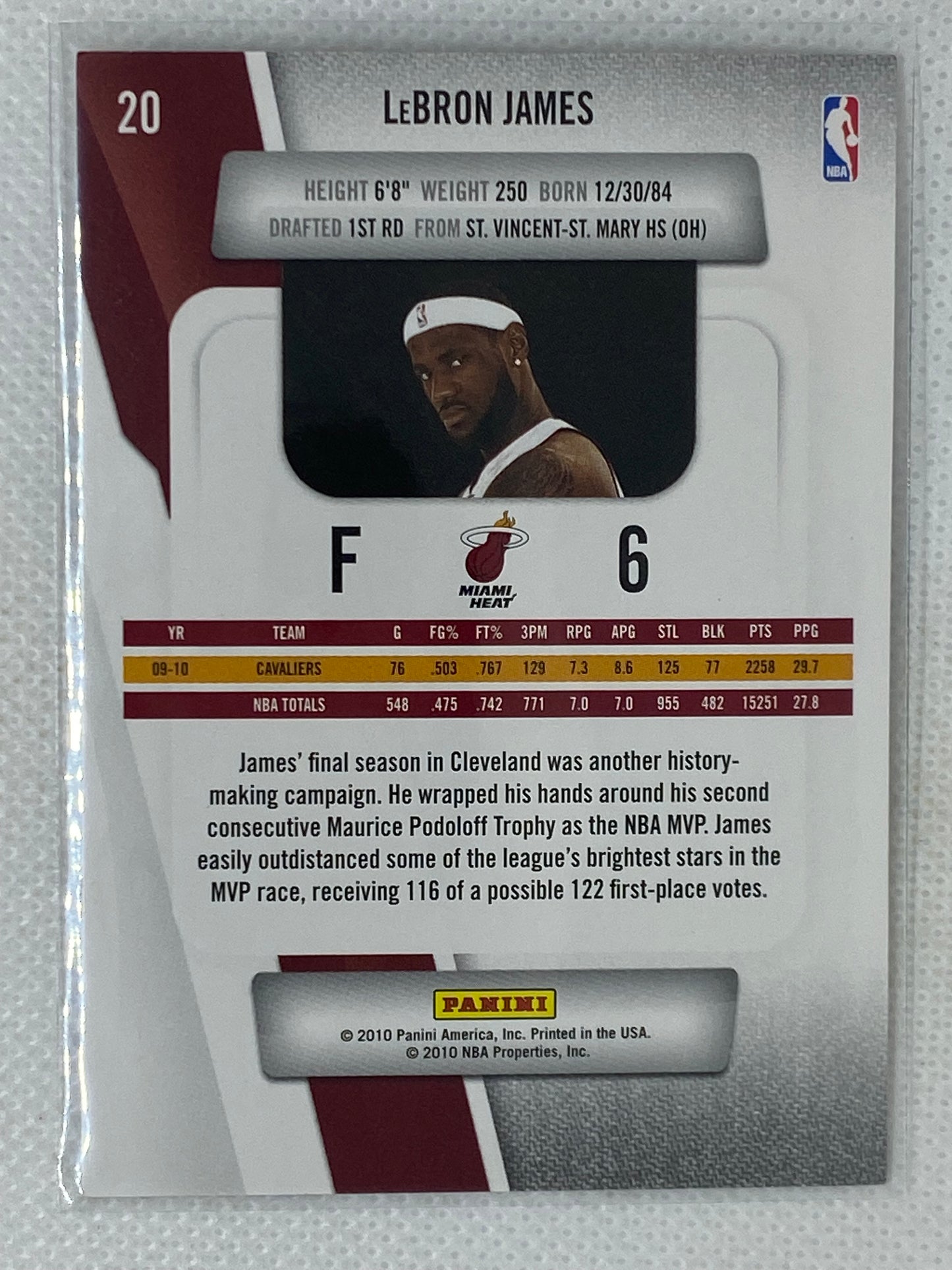 2010-11 Panini Prestige LeBron James #20 Miami Heat