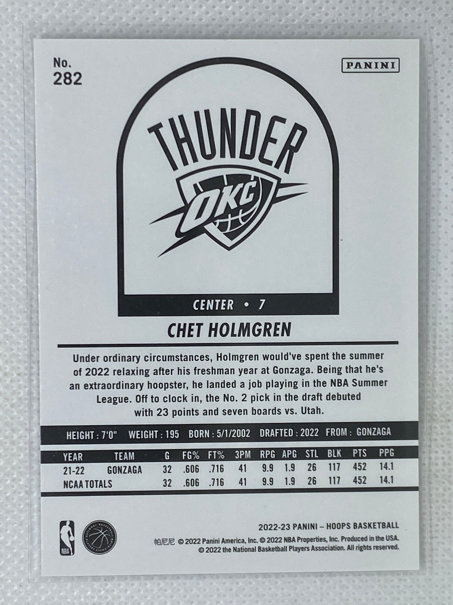 2022-23 Panini NBA Hoops Winter Rookie Card Chet Holmgren #282 Tribute Oklahoma City Thunder