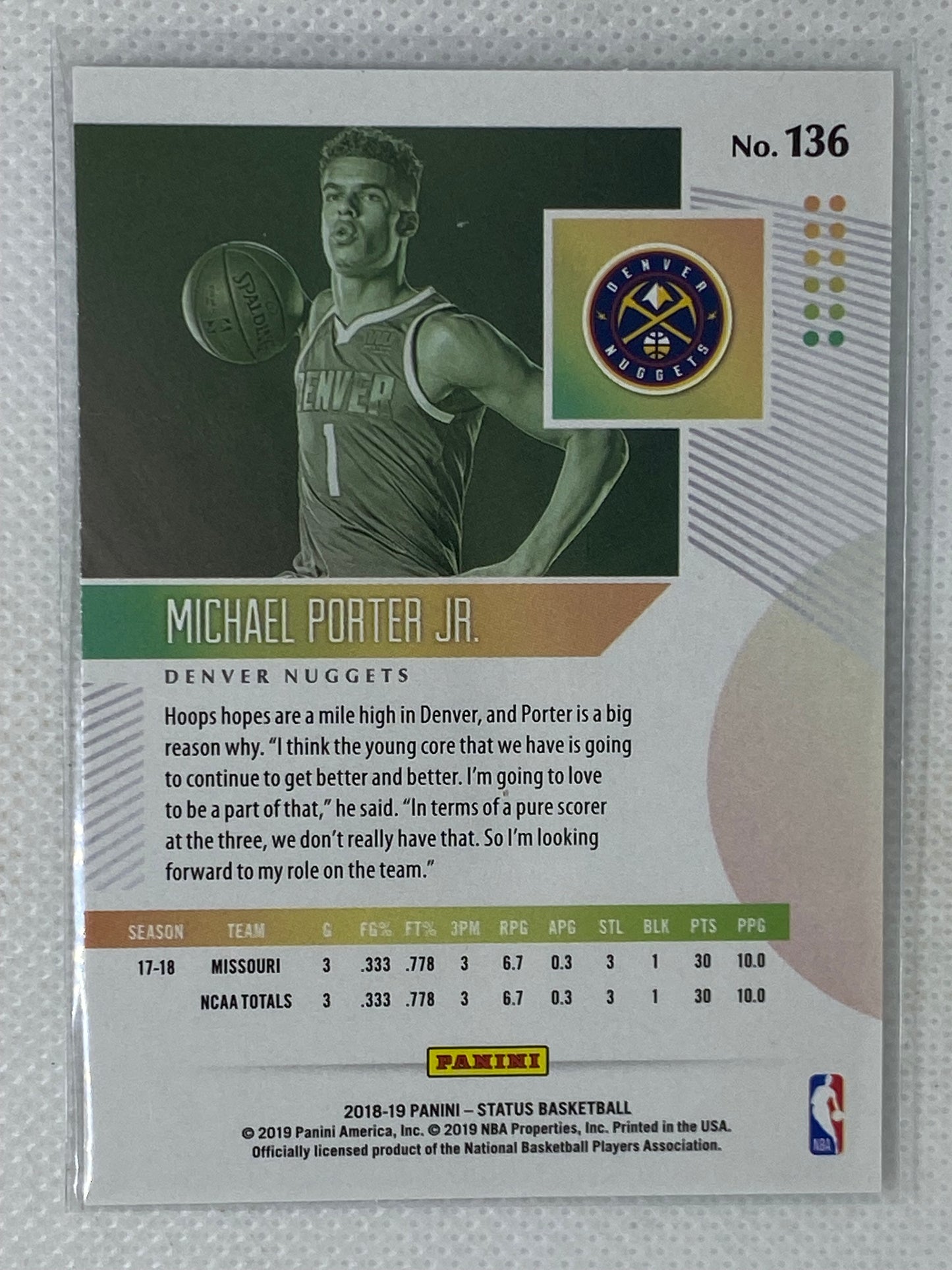 2018-19 Panini Status Michael Porter Jr. Rookie Card #136