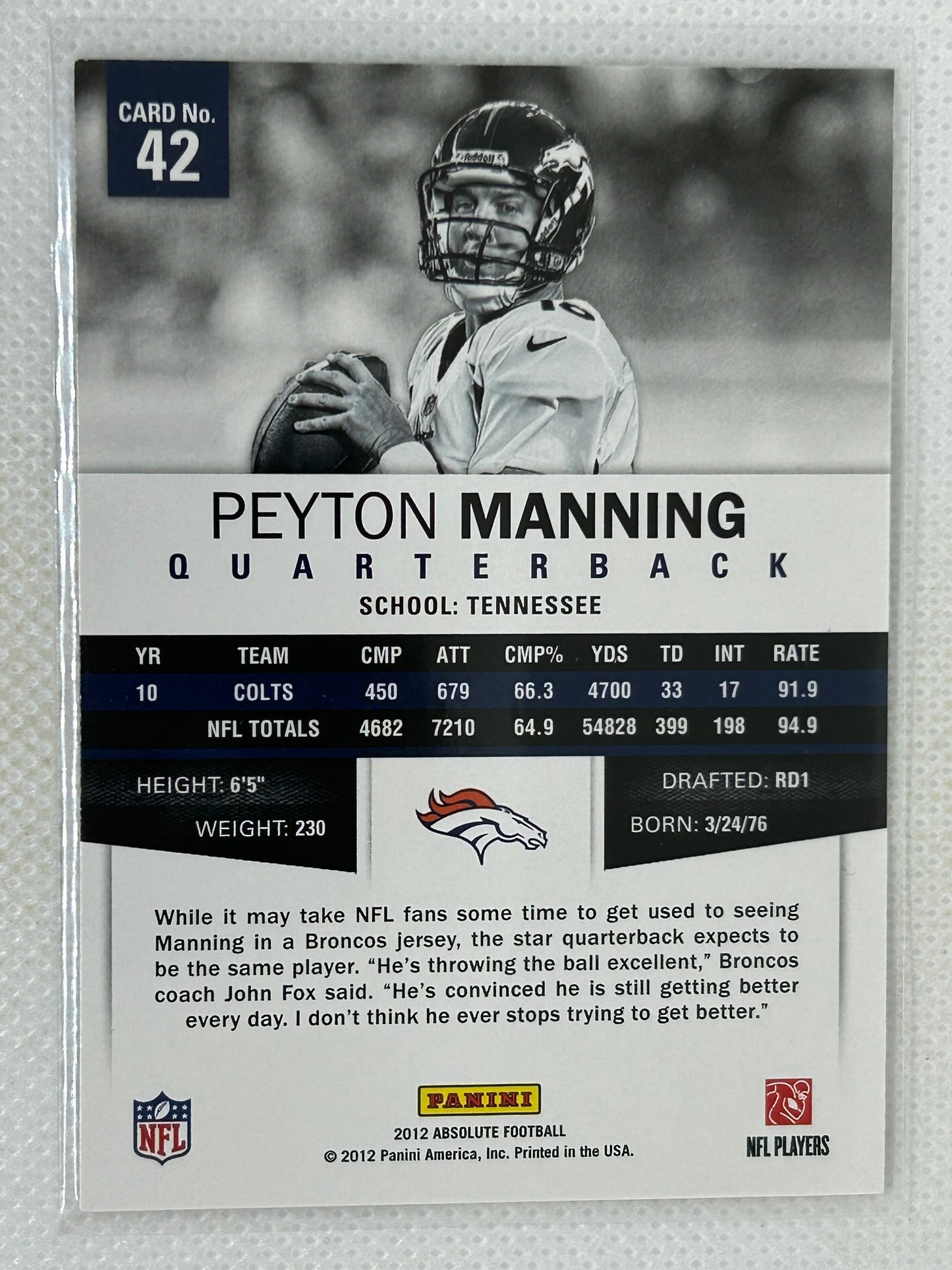 2012 Panini Absolute Football Base Peyton Manning #42 Denver Broncos