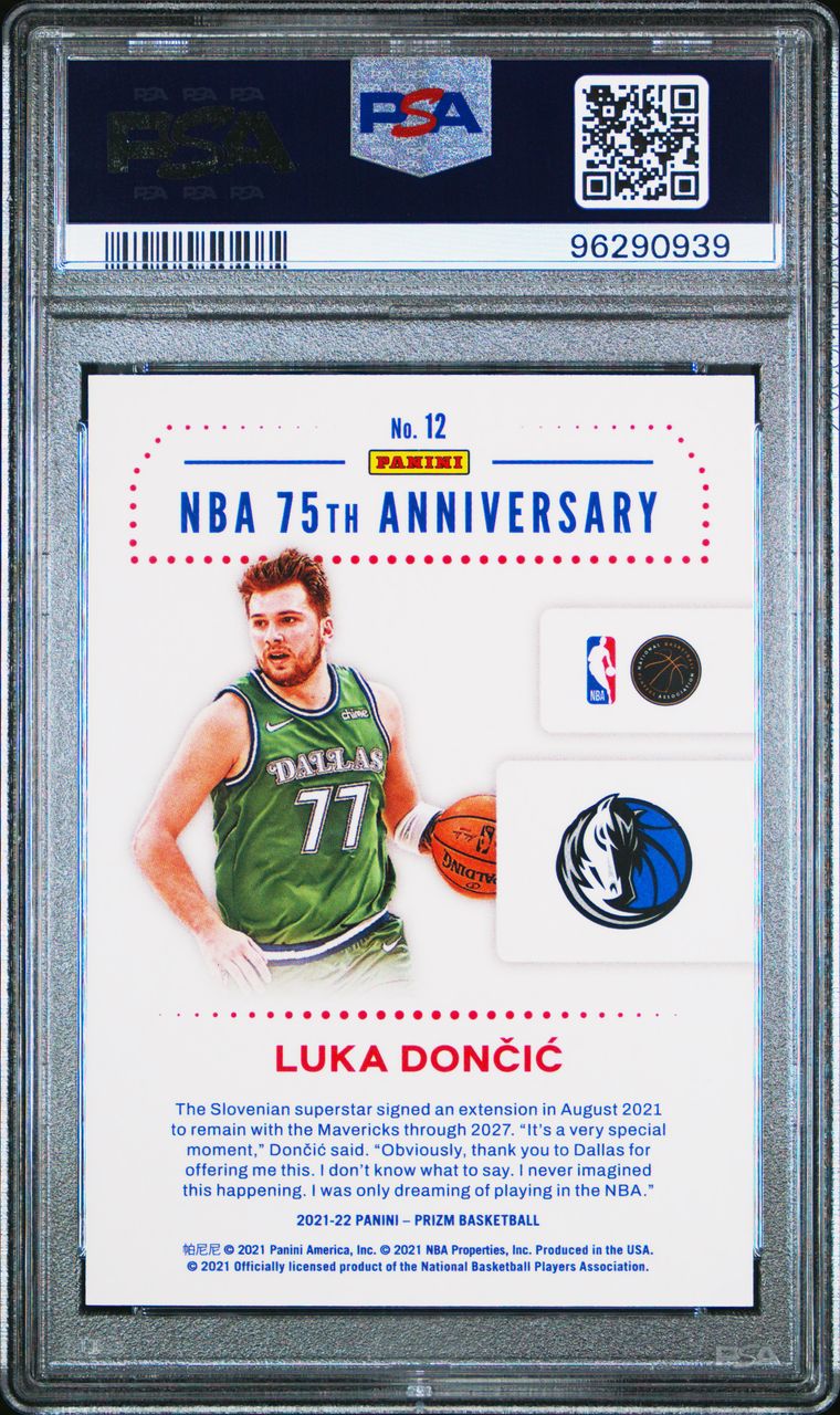 2021-22 Panini Prizm NBA 75th Anniversary Logo #12 Luka Doncic PSA 10 Case Hit Dallas Mavericks