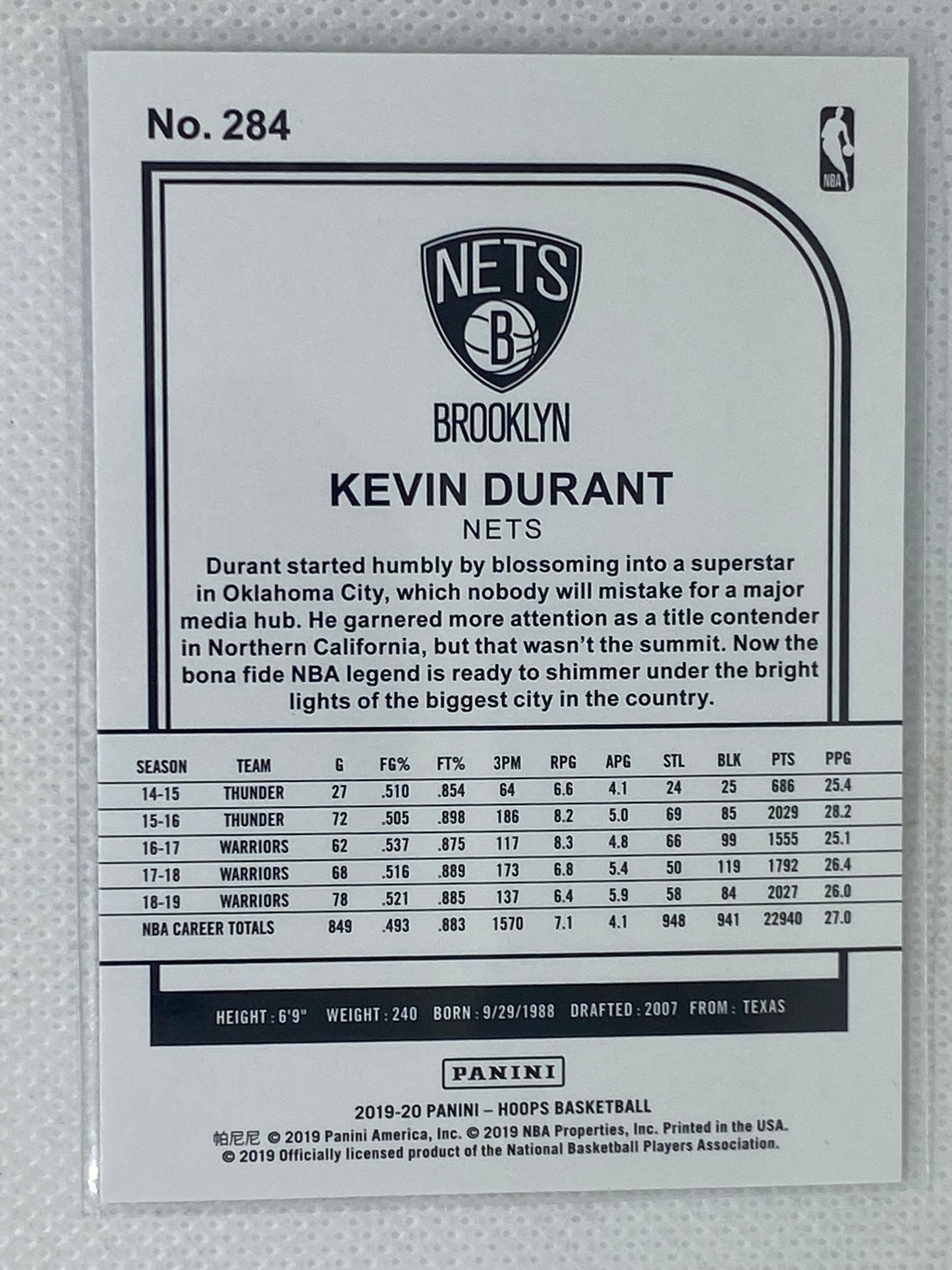 2019-20 Panini Hoops Tribute Kevin Durant #284 Brooklyn Nets