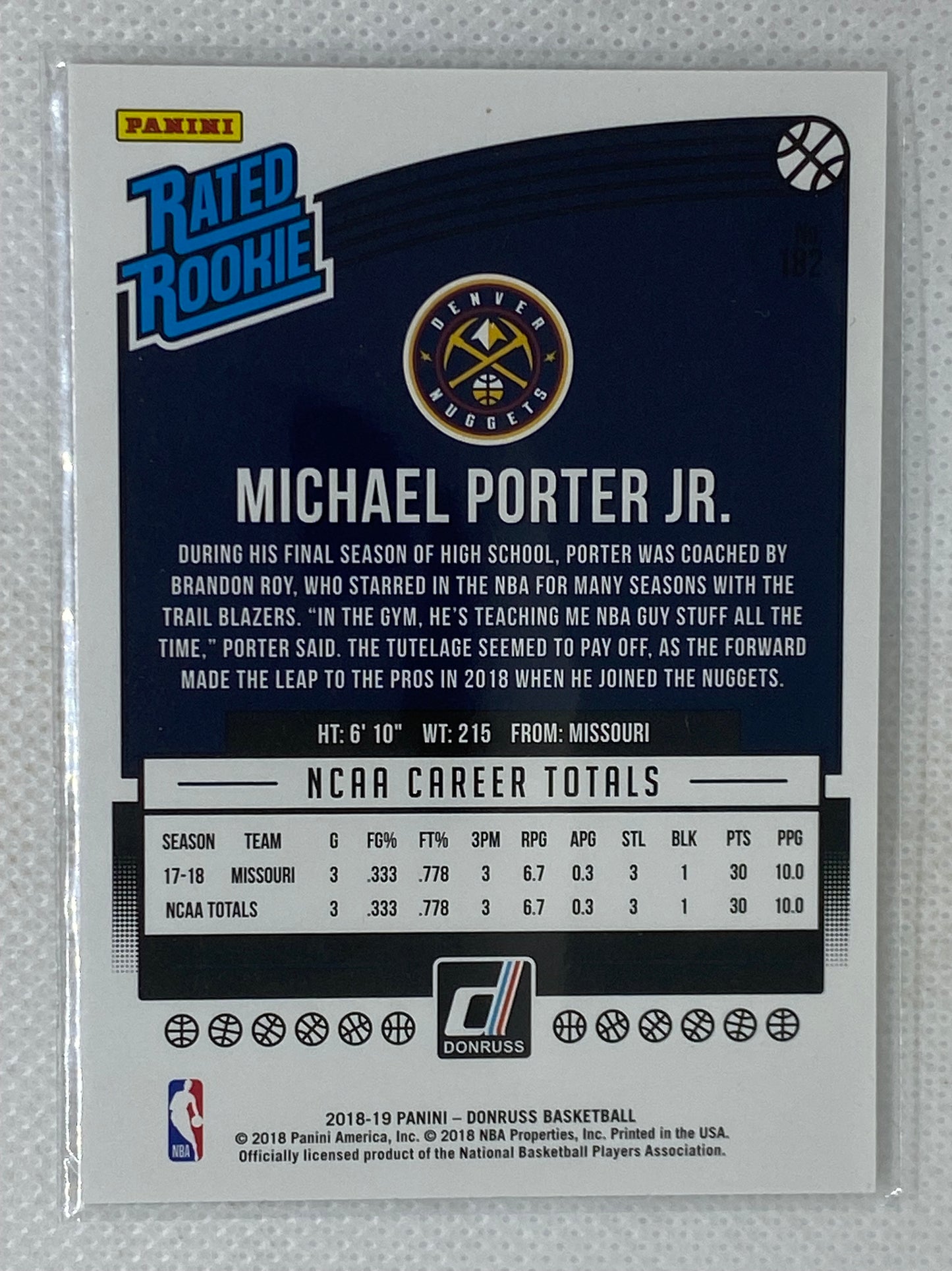 2018-19 Panini Donruss Rated Rookie Michael Porter Jr #182