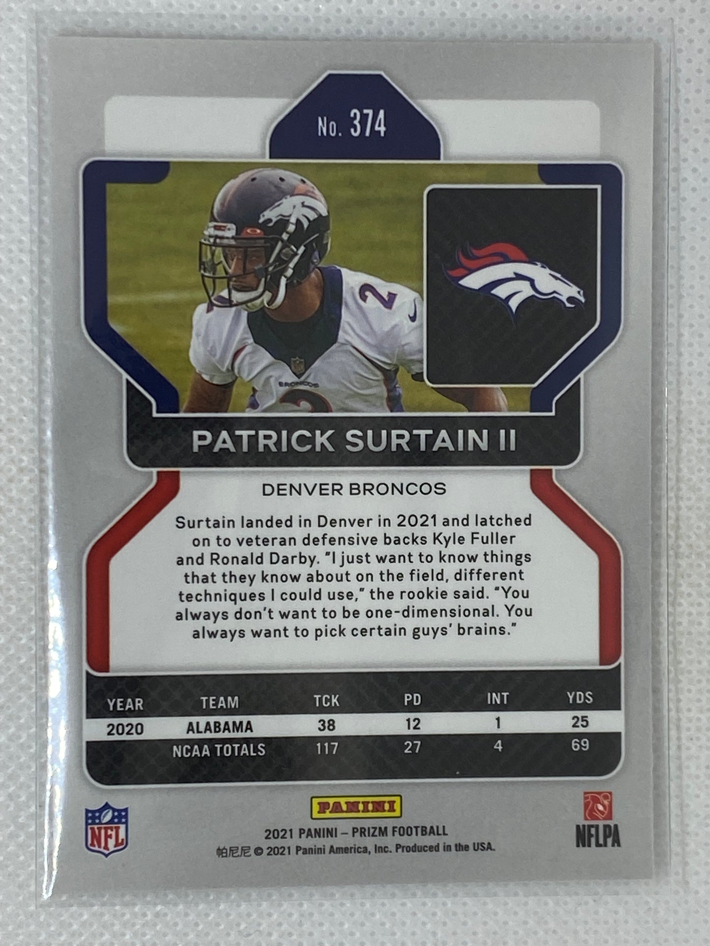 2021 Panini Prizm Patrick Surtain II Rookie #374 Denver Broncos