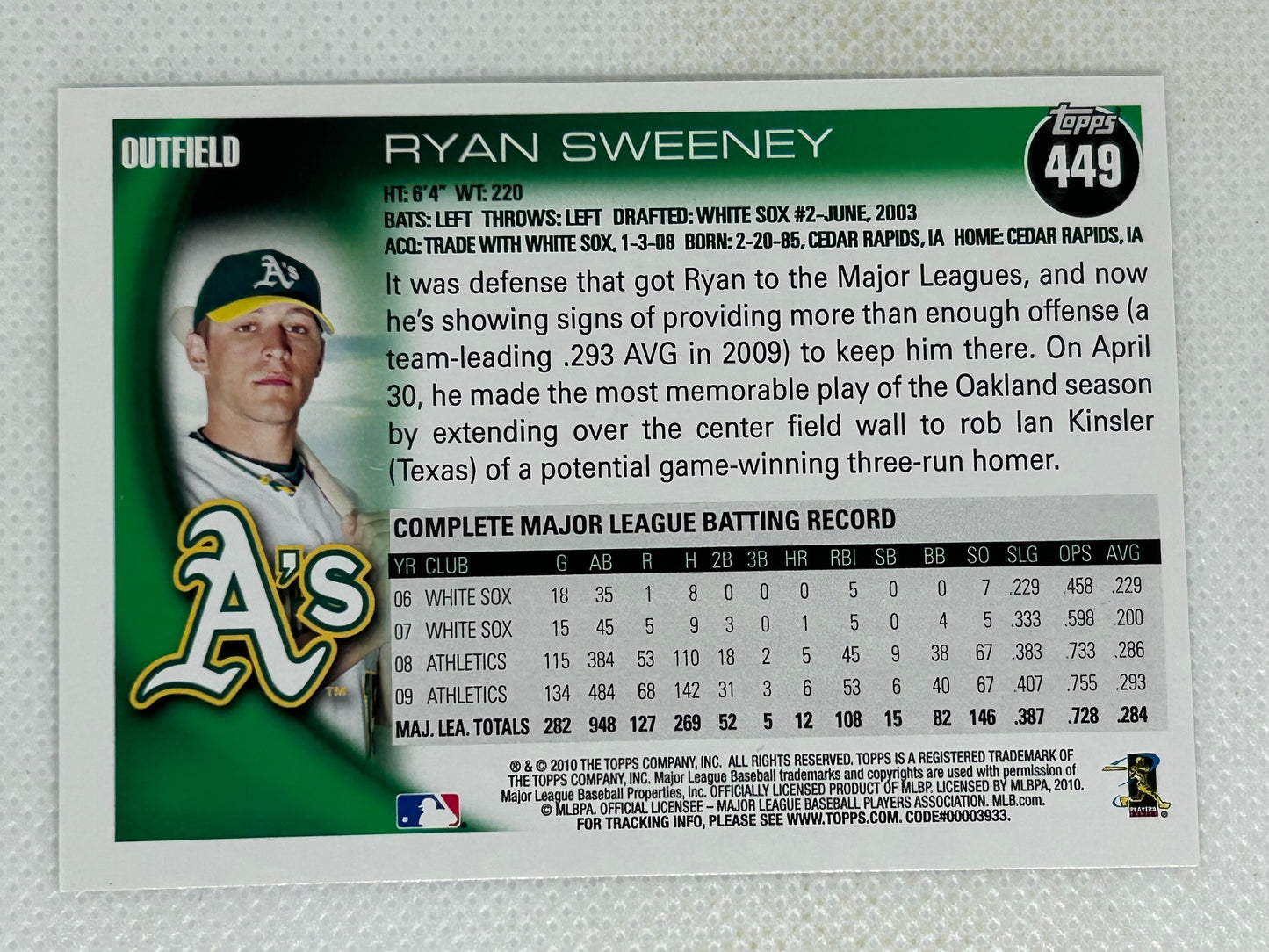 2010 Topps #449 Ryan Sweeney Oakland Athletics Signed Card