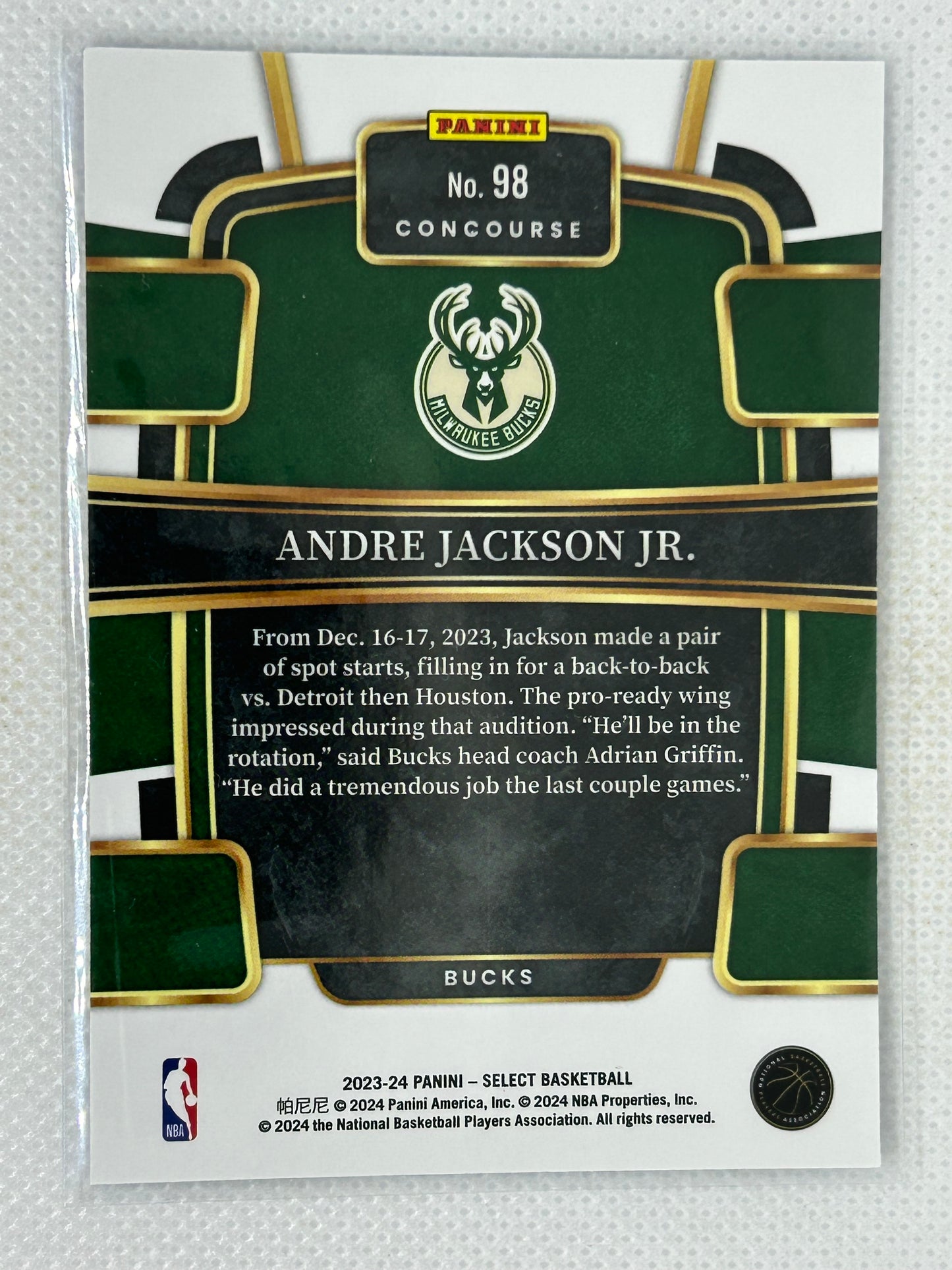 2023-24 Panini Select Rookie Andre Jackson Jr. #98 Milwaukee Bucks