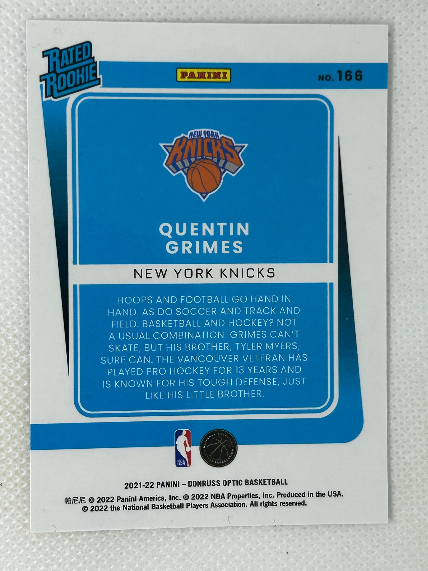 2021-22 Panini Optic Rated Rookie #166 Quentin Grimes New York Knicks Signed Card