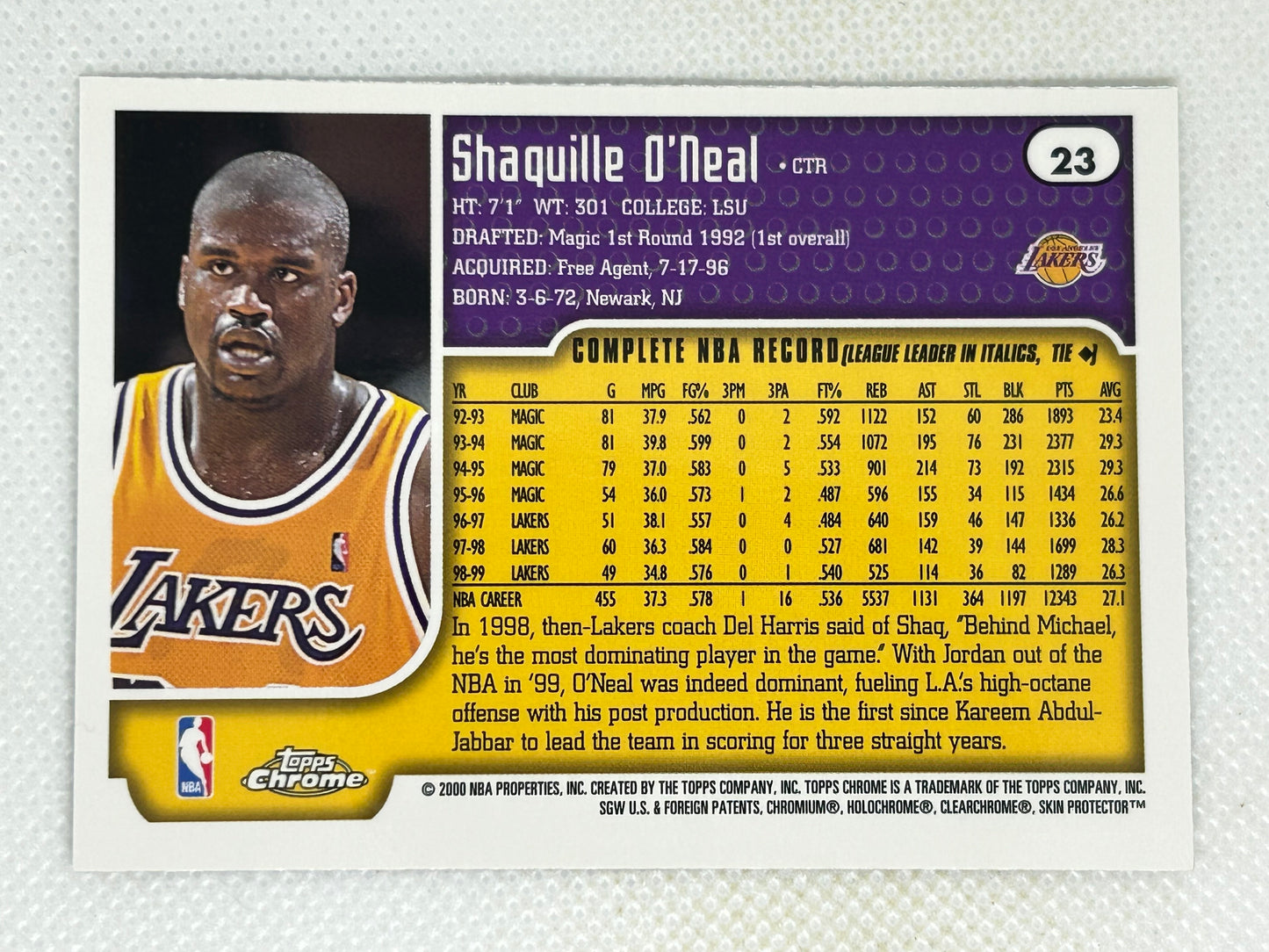 1999-00 Topps Chrome #23 Shaquille O'Neal Los Angeles Lakers Signed Card