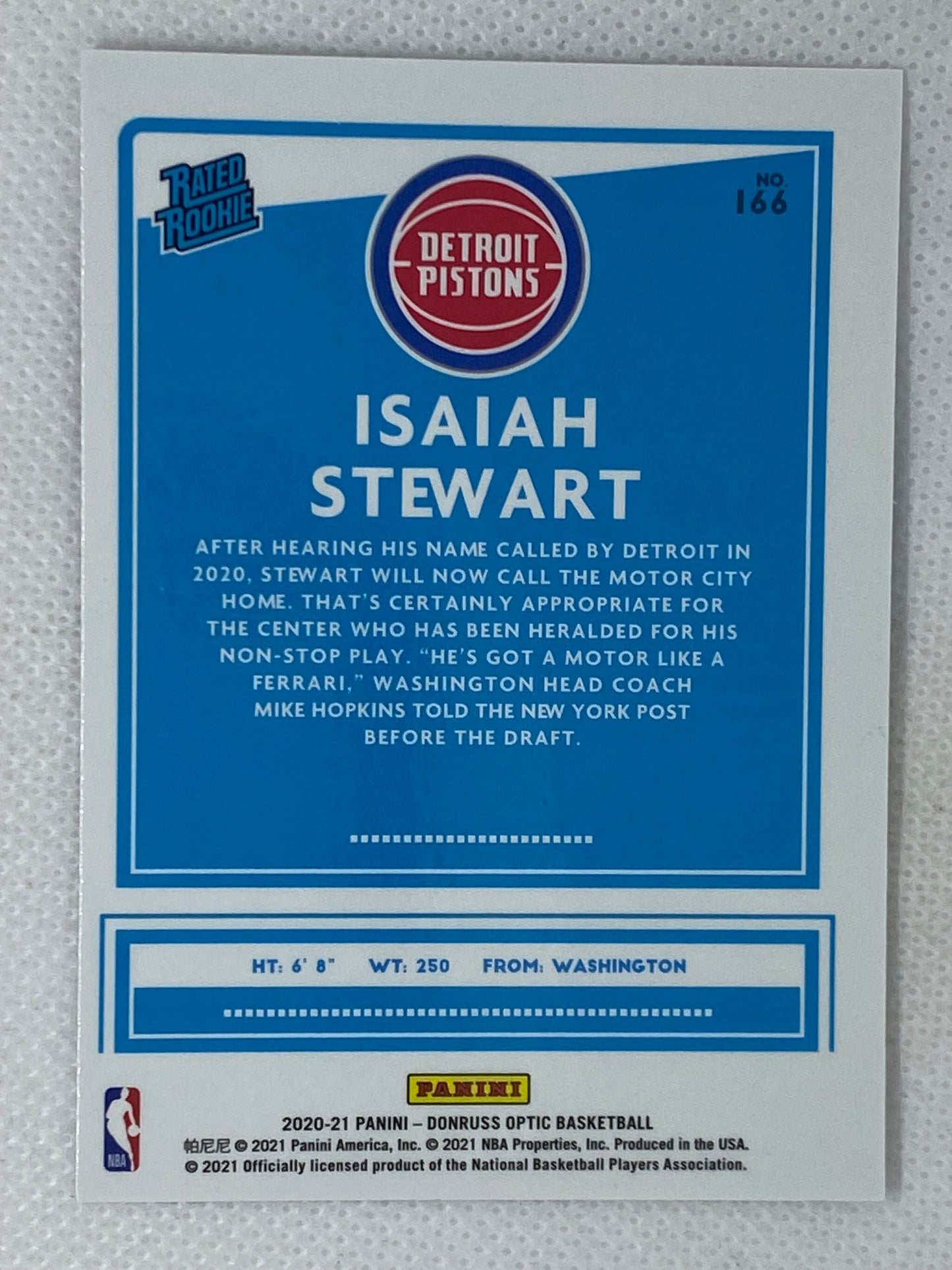 2020-21 Panini Optic Rookie Isaiah Stewart #166 Detroit Pistons