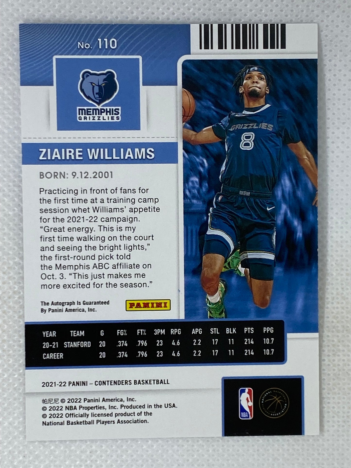 2021-22 Panini Contenders Ziaire Williams Rookie Ticket Auto #110 Memphis Grizzlies