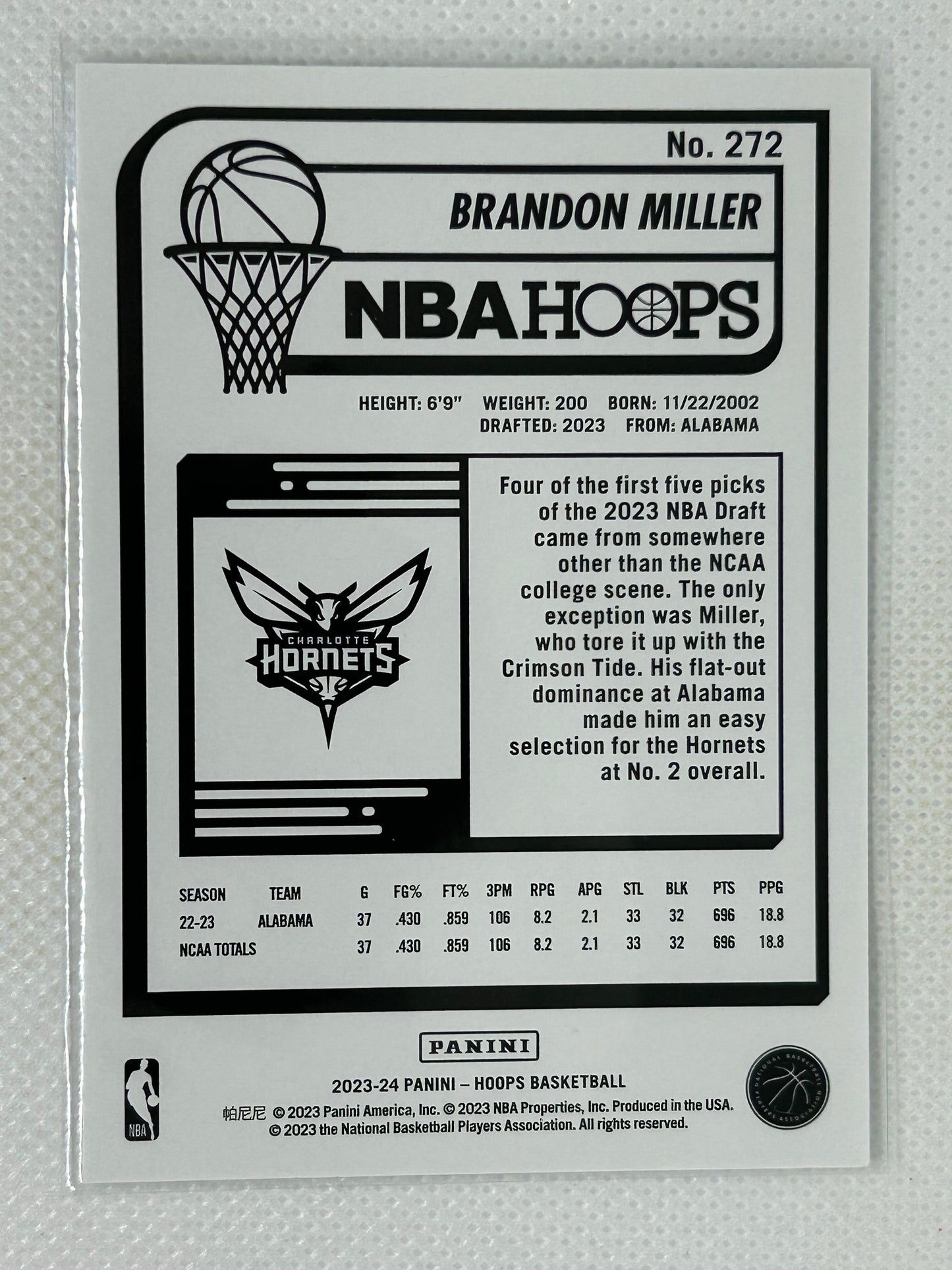 2023-24 Panini Hoops Base Rookie Brandon Miller #272 Charlotte Hornets