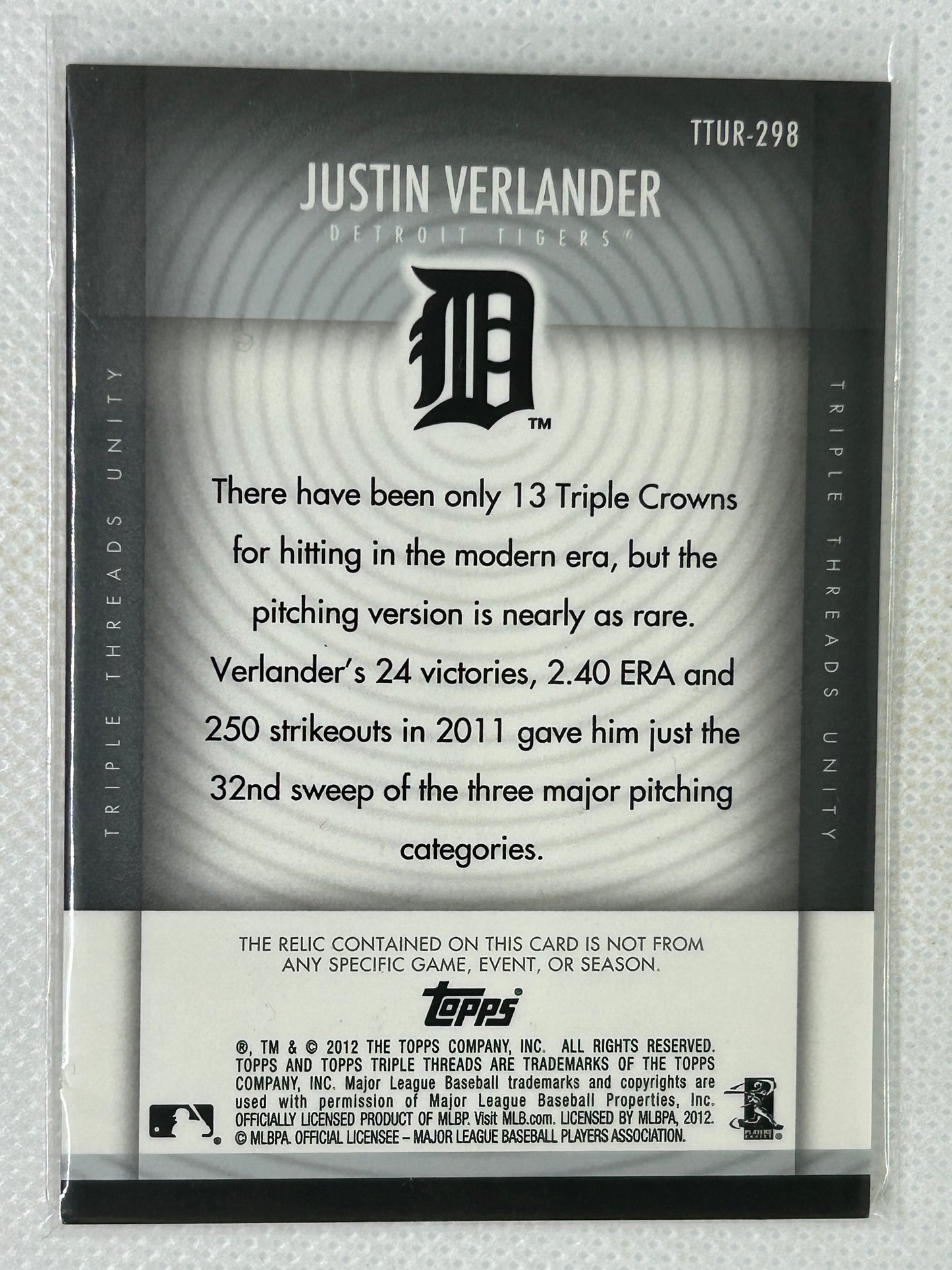 2012 Topps Triple Threads Relic /36 Justin Verlander TTUR-298 Detroit Tigers