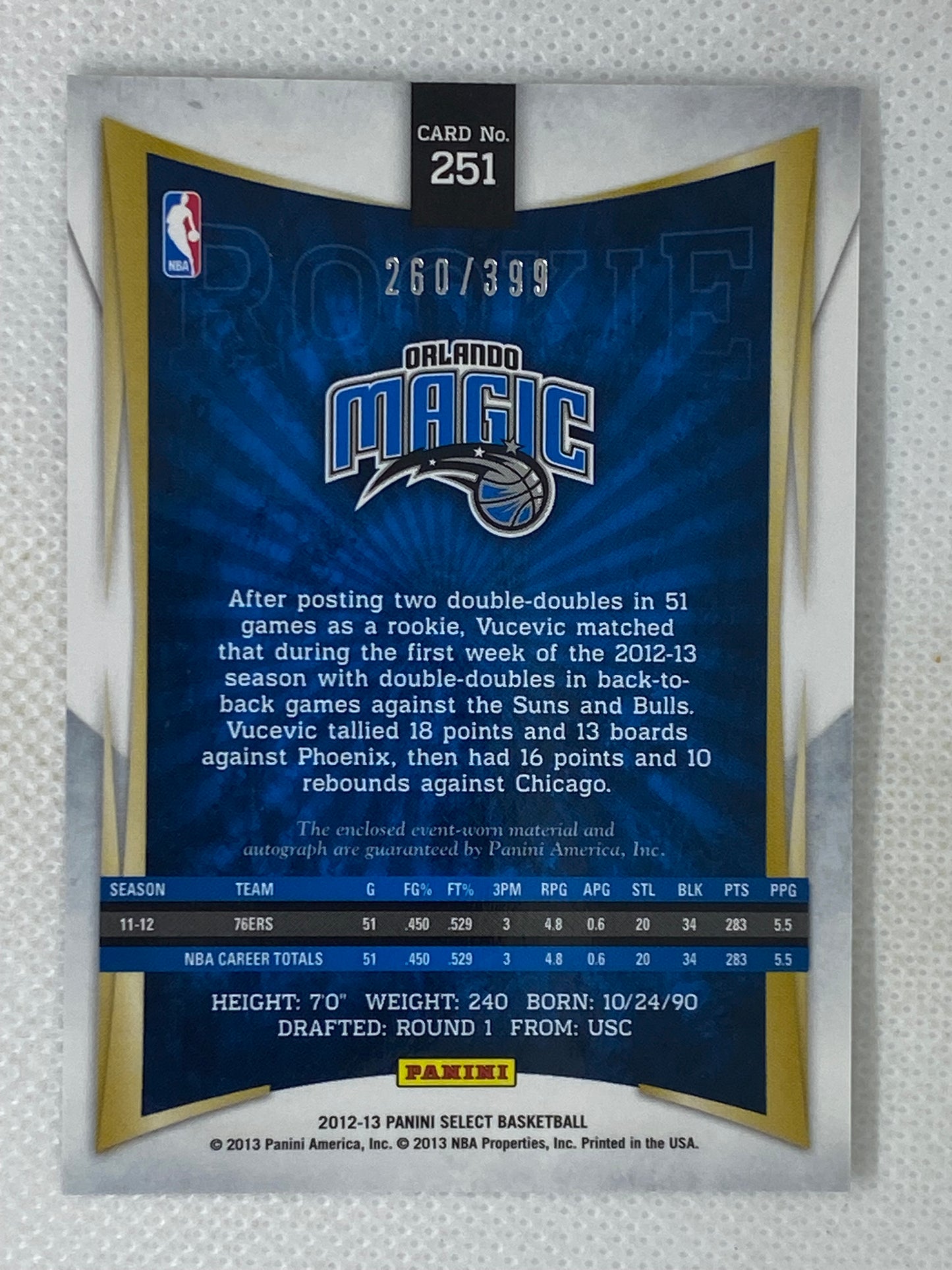 2012-13 Panini Select /399 Nikola Vucevic #251 Rookie Auto Orlando Magic