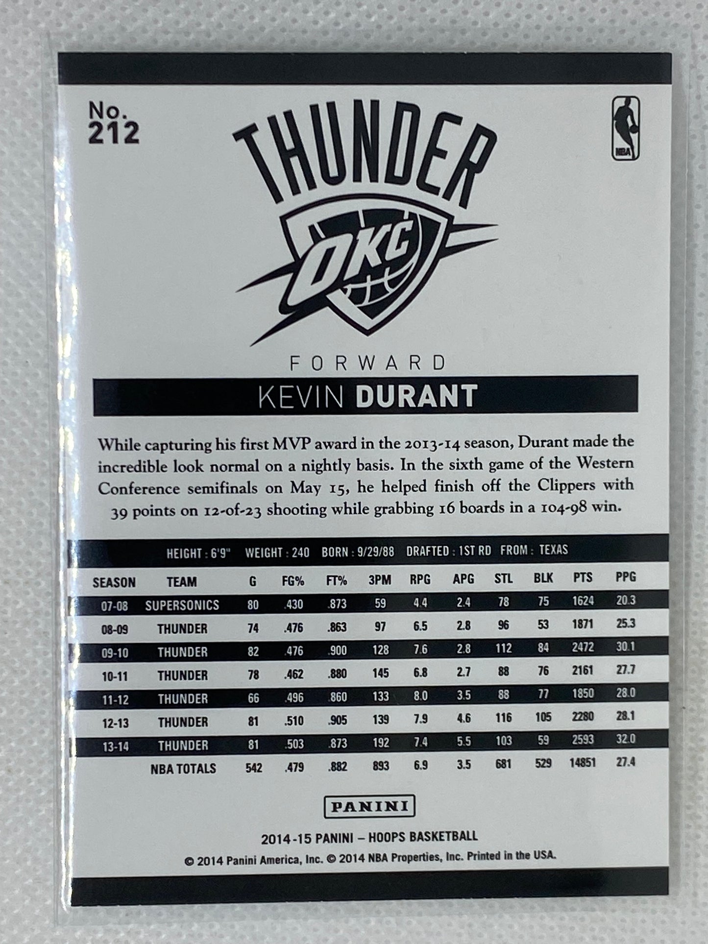 2014-15 Panini Hoops Base Kevin Durant #212 Oklahoma City Thunder