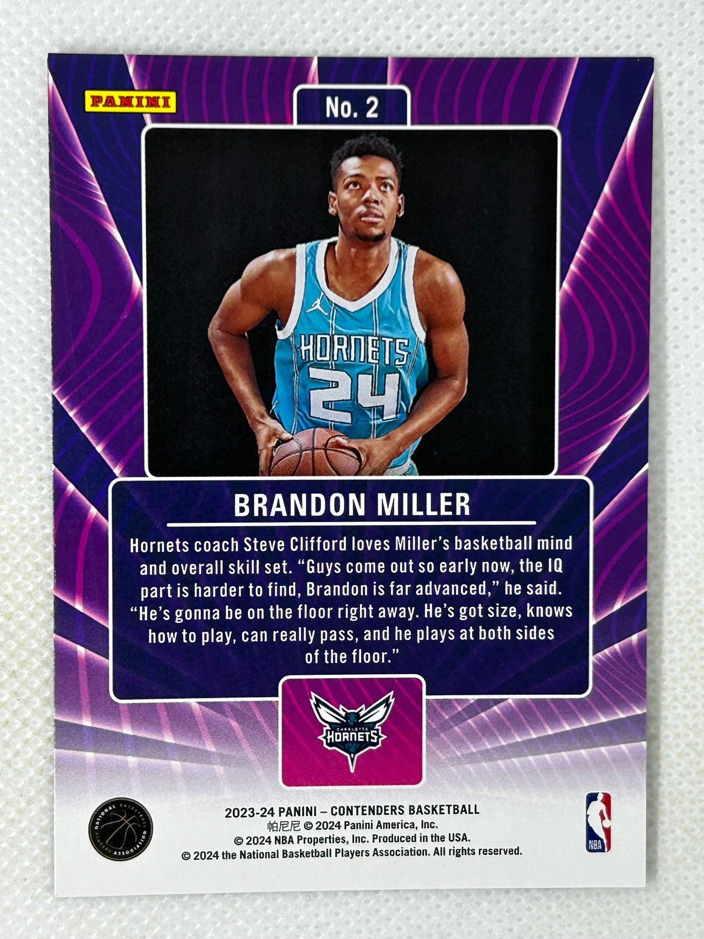 2023-24 Panini Contenders Lottery Ticket Purple Brandon Miller #2 Charlotte Hornets