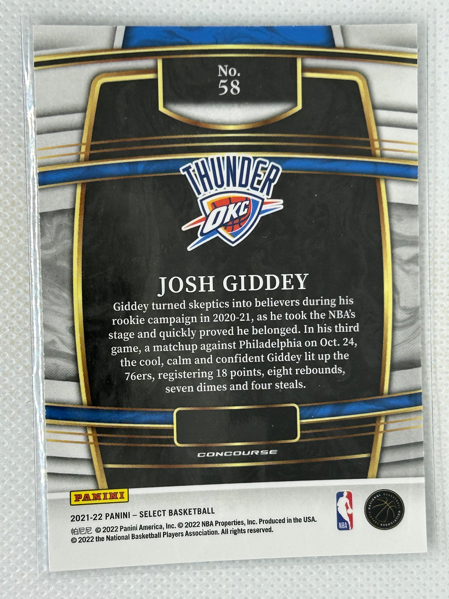 2021-22 Panini Select Rookie Josh Giddey #58 Oklahoma City Thunder