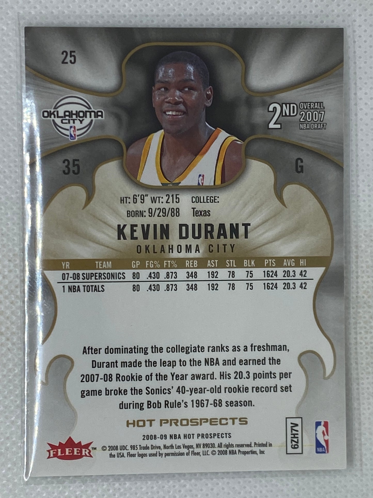 2008-09 Fleer Hot Prospects Kevin Durant #25 Oklahoma City Thunder