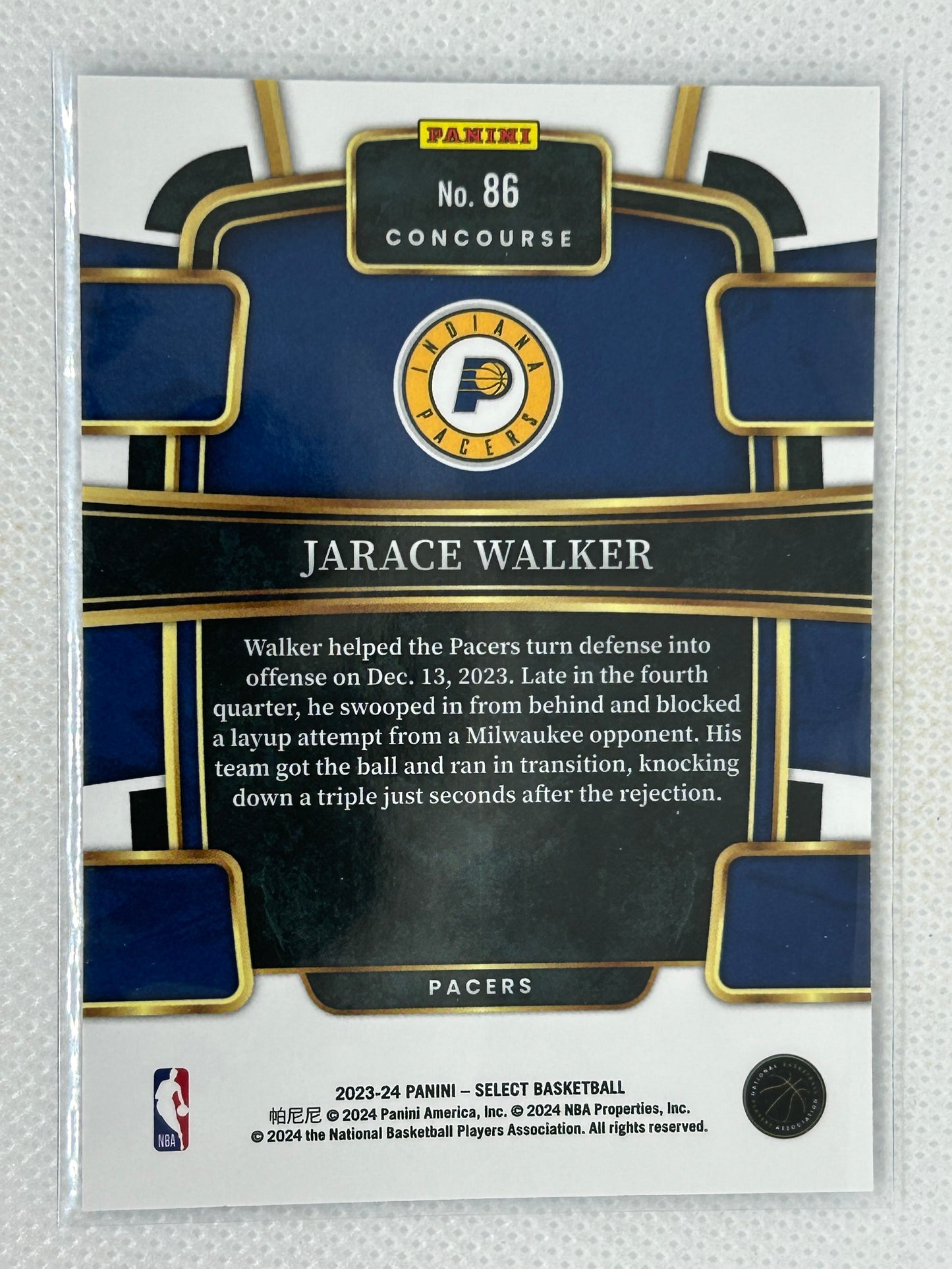 2023-24 Panini Select Rookie Jarace Walker #86 Indiana Pacers