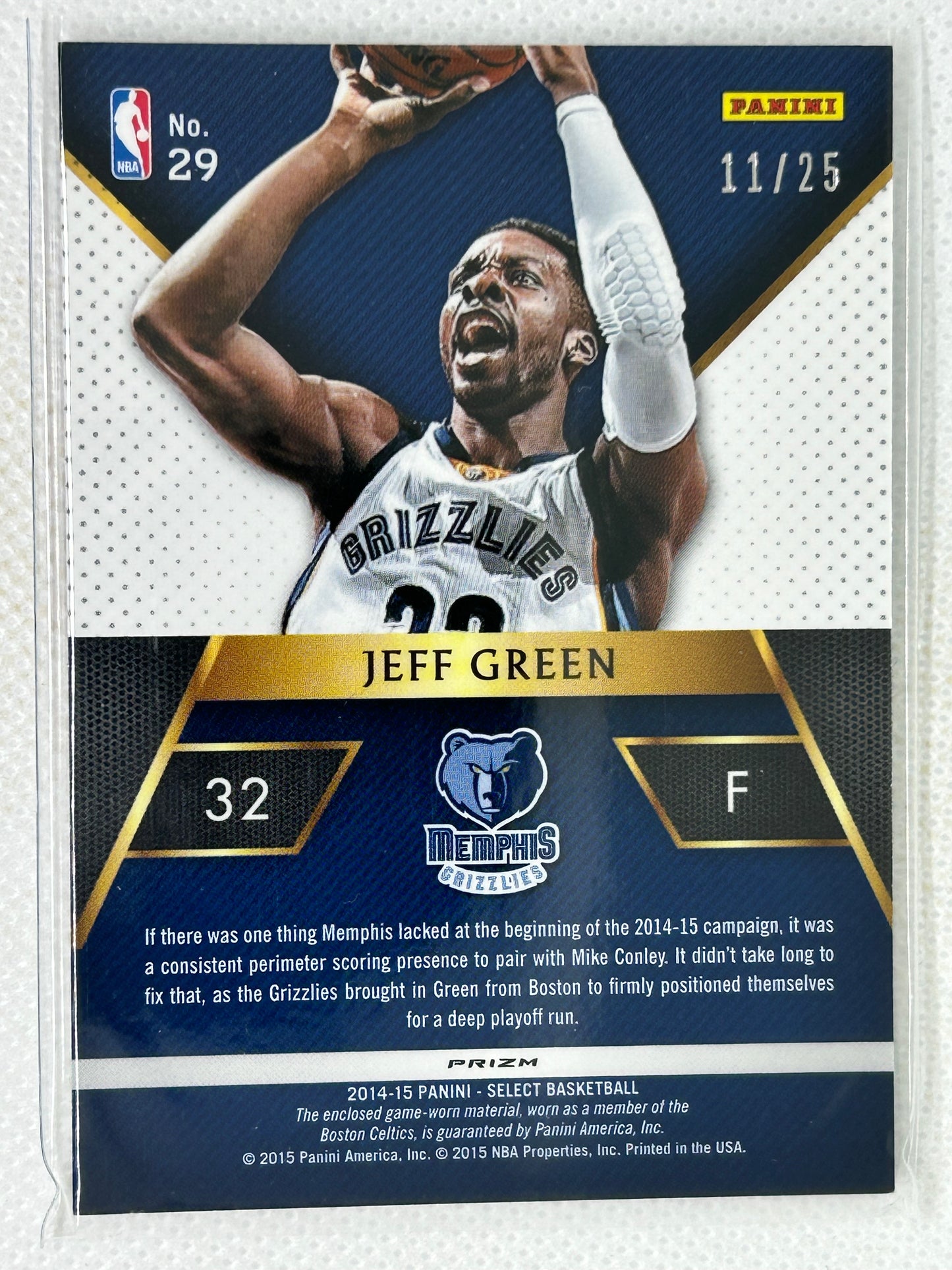 2014-15 Panini Select Sparks Tie Die Patch #29 Jeff Green /25 Memphis Grizzlies