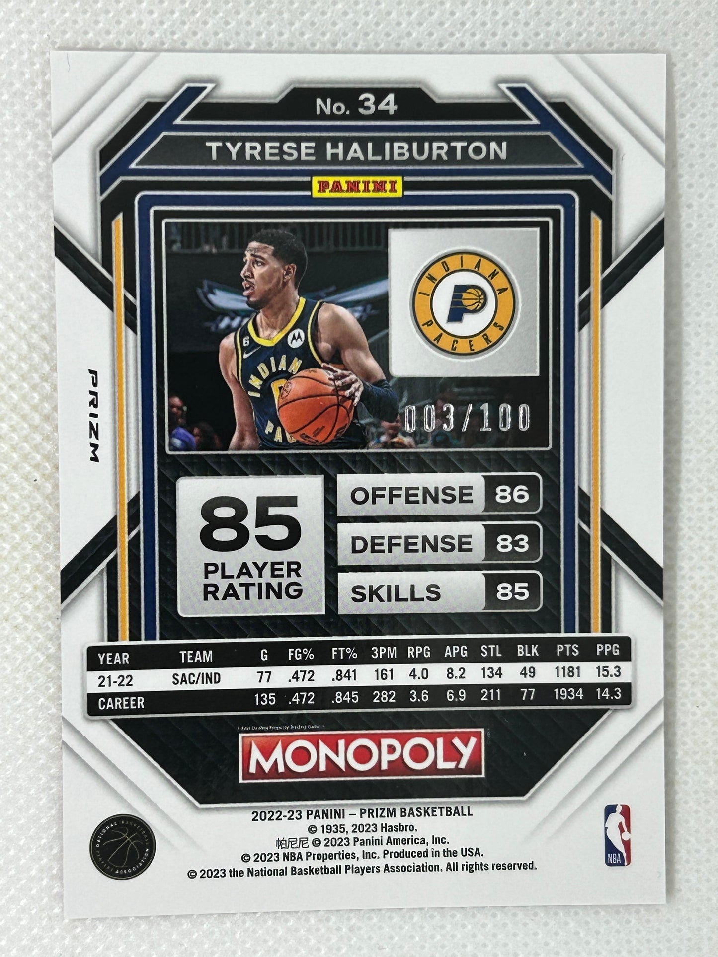 2022-23 Panini Prizm Monopoly Red Money Shimmer Prizm #34 Tyrese Haliburton /100 Indiana Pacers