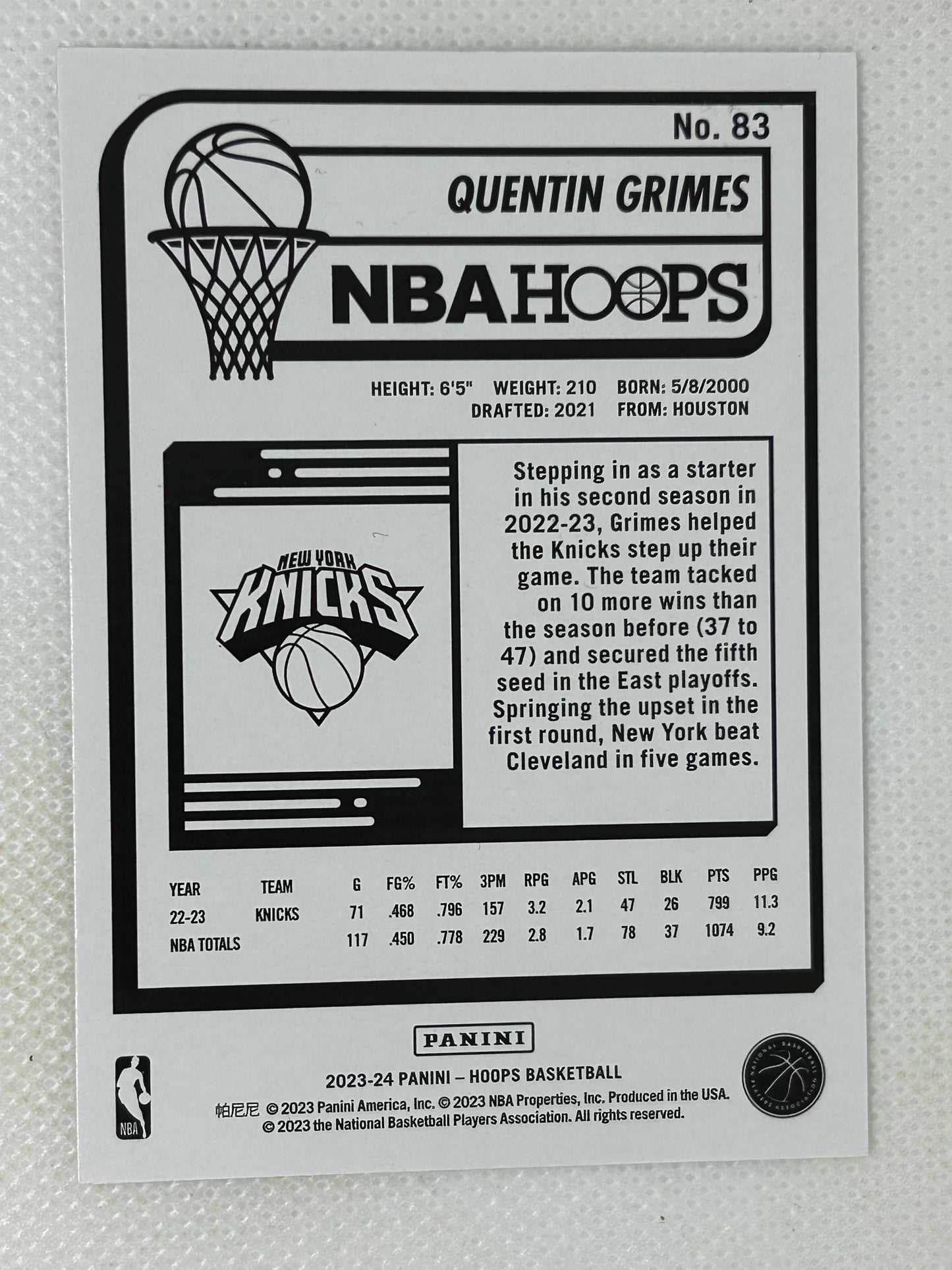 2023-24 Panini Hoops Winter #83 Quentin Grimes New York Knicks Signed Card