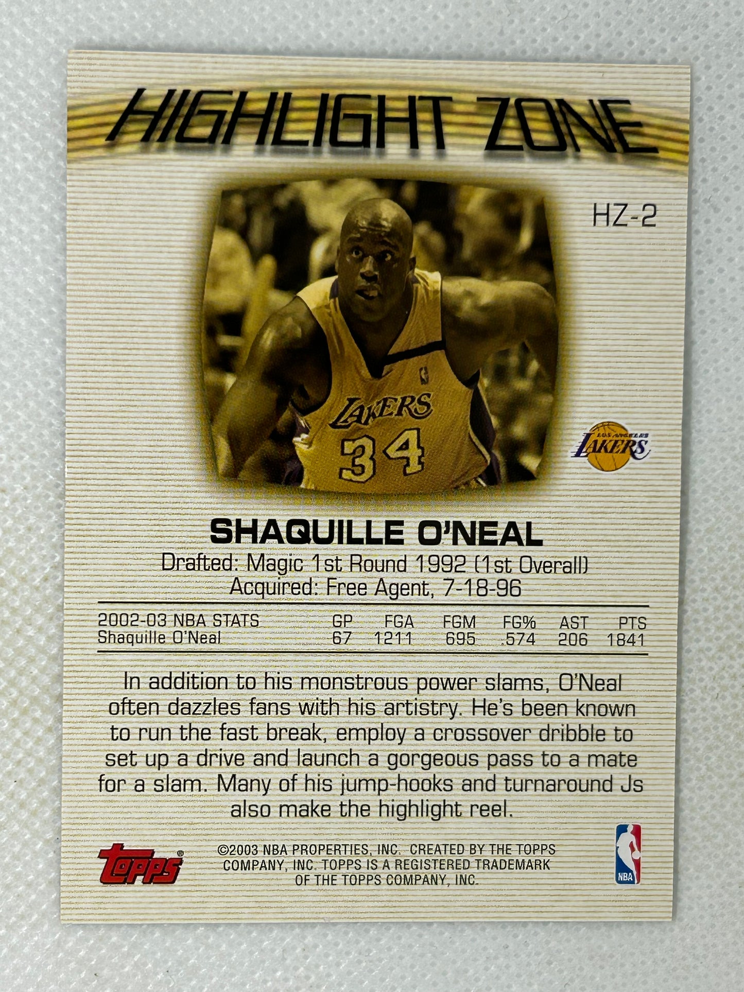 2003-04 Topps Highlight Zone #HZ-2 Shaquille O'Neal Los Angeles Lakers Signed Card