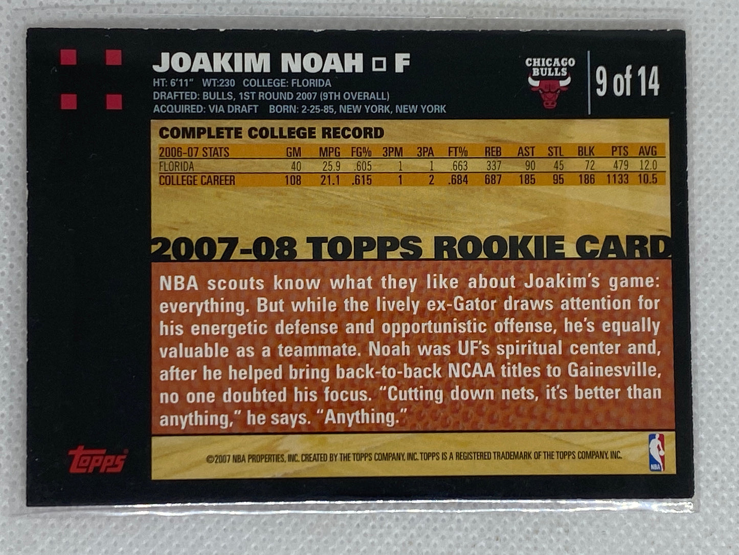 2007-08 Topps Orange Rookie RC #9 Joakim Noah Chicago Bulls