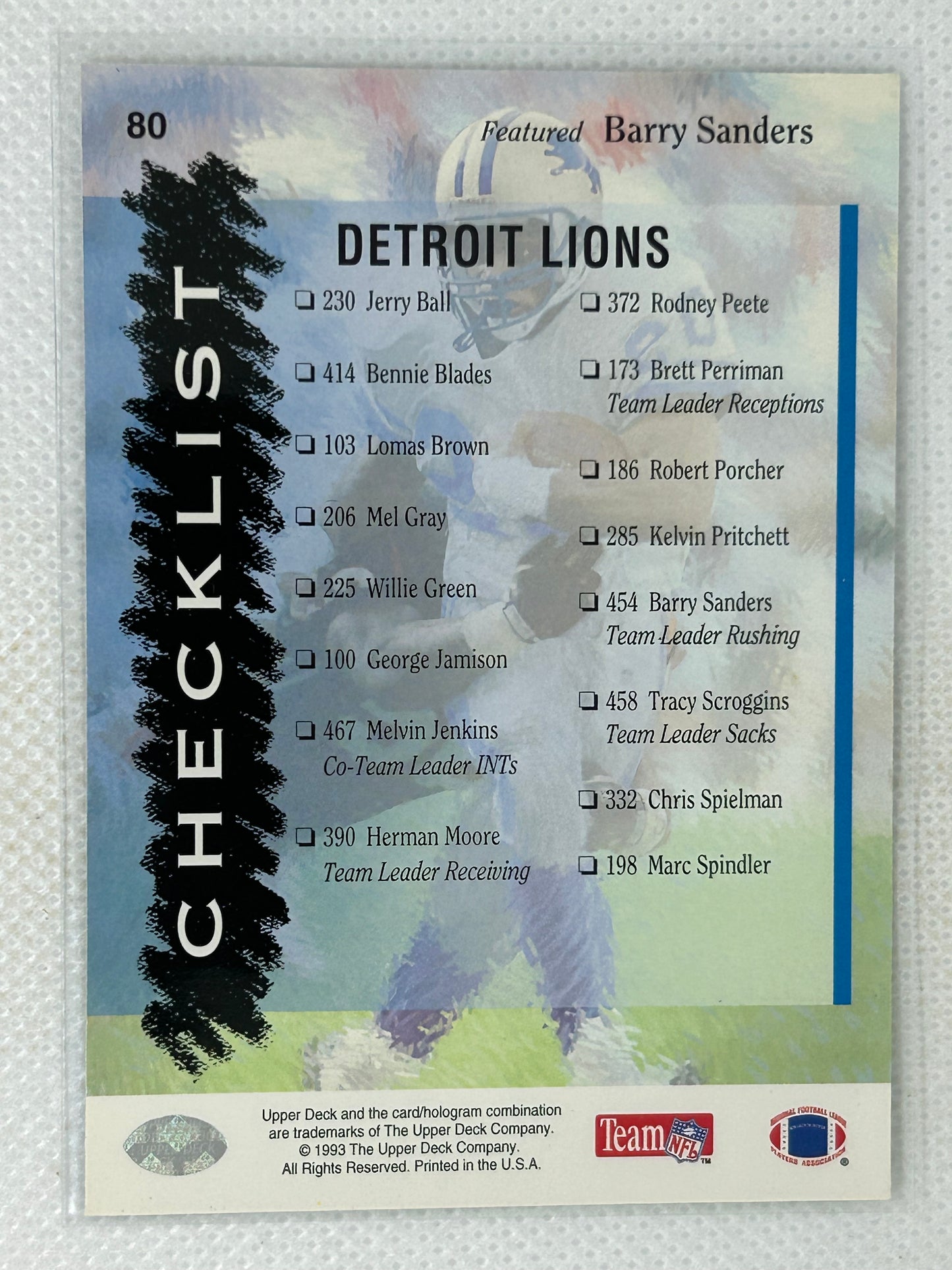 1993 Upper Deck #80 Barry Sanders Lions Checklist Detroit Lions