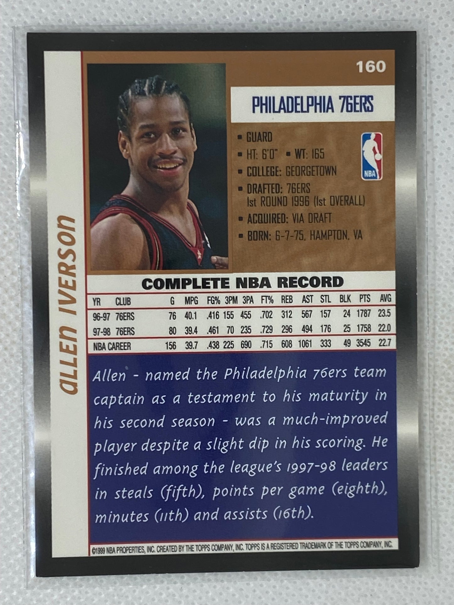 1999-00 Topps Basketball #160 Allen Iverson HOF Philadelphia 76ers