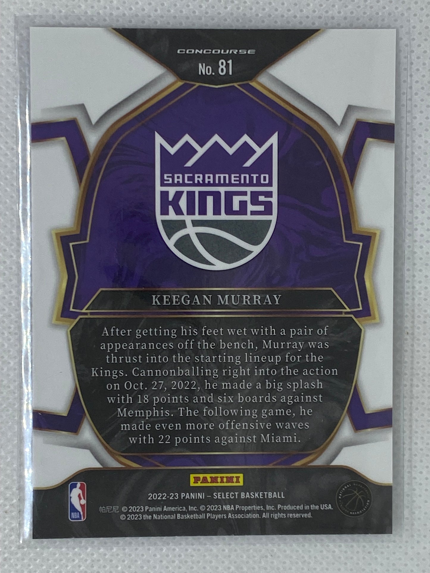 2022-23 Panini Select Keegan Murray Blue Prizm Concourse Rookie RC #81 Sacramento Kings