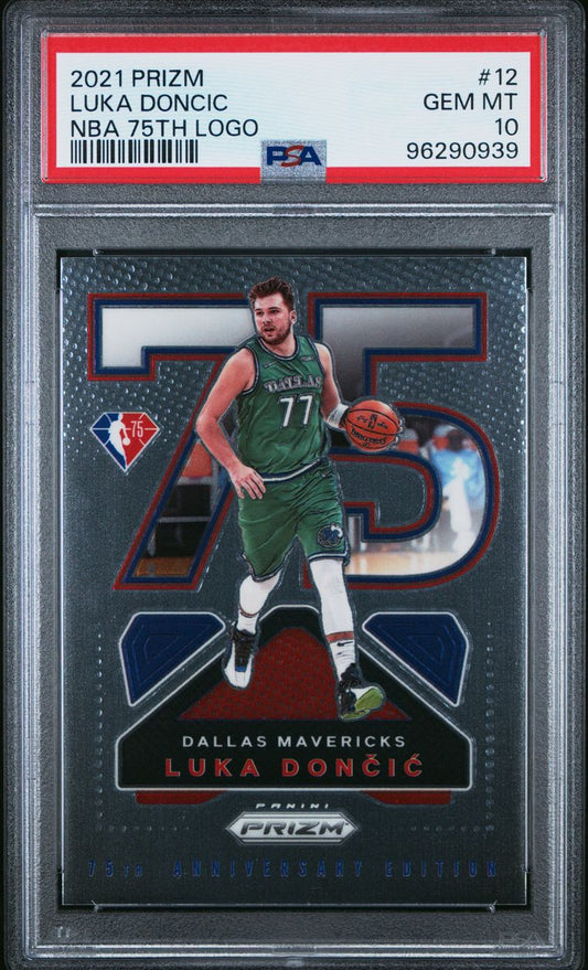 2021-22 Panini Prizm NBA 75th Anniversary Logo #12 Luka Doncic PSA 10 Case Hit Dallas Mavericks