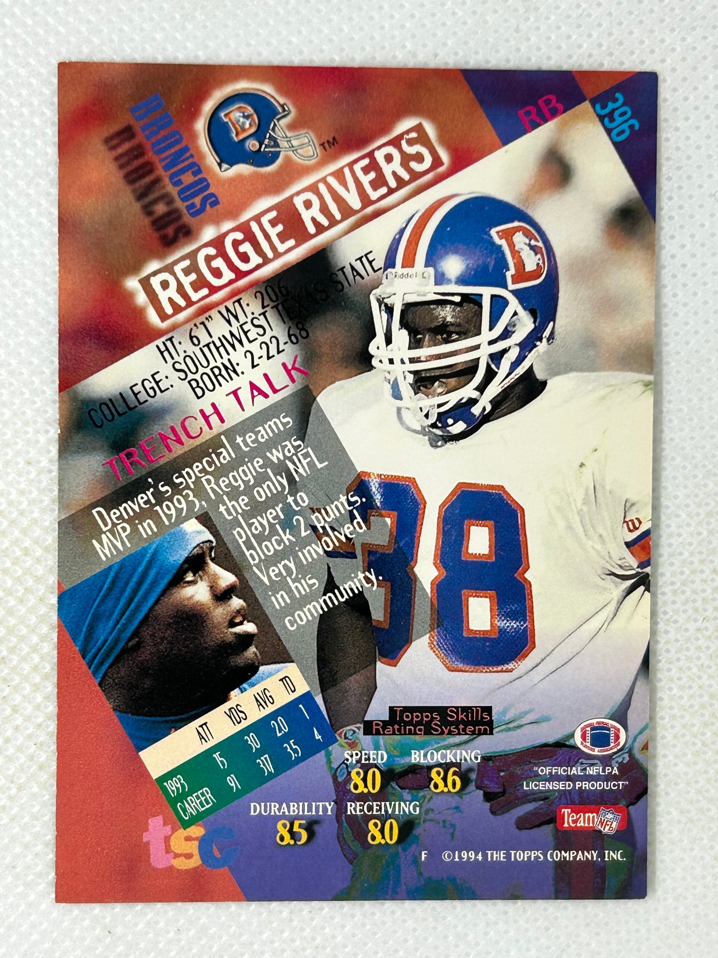 1994 Topps Stadium Club #396 Reggie Rivers Denver Broncos Signed Card