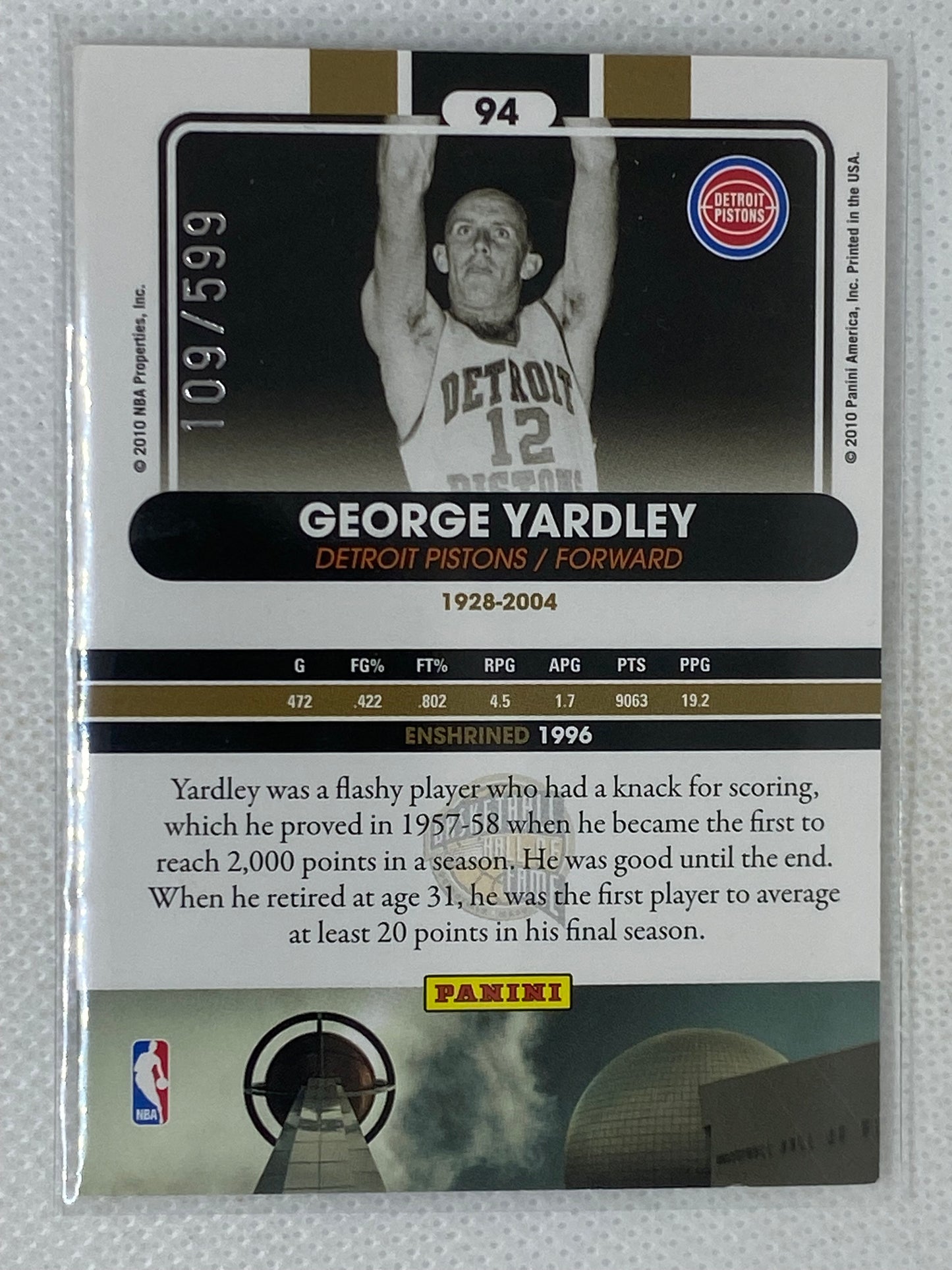 2009-10 Panini Basketball Hall of Fame George Yardley /599 #94 Detroit Pistons