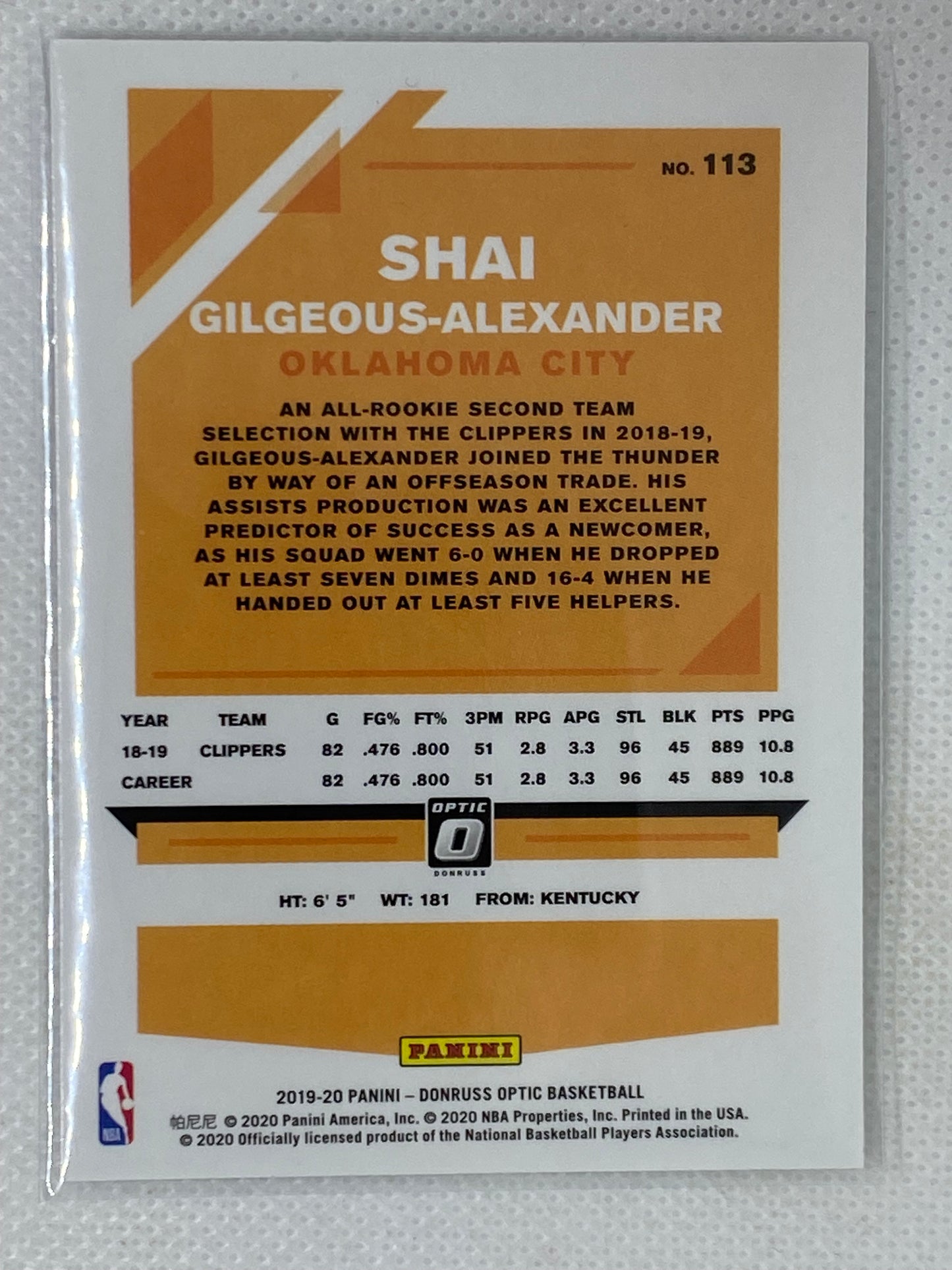 2019-20 Panini Donruss Optic #113 Shai Gilgeous-Alexander