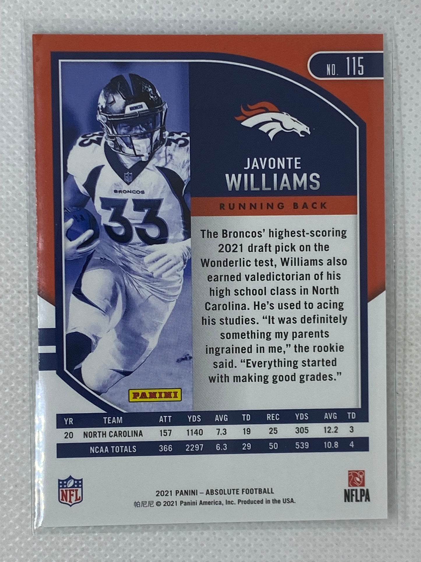 2022 Panini Absolute Football Rookie Javonte Williams #115 Denver Broncos