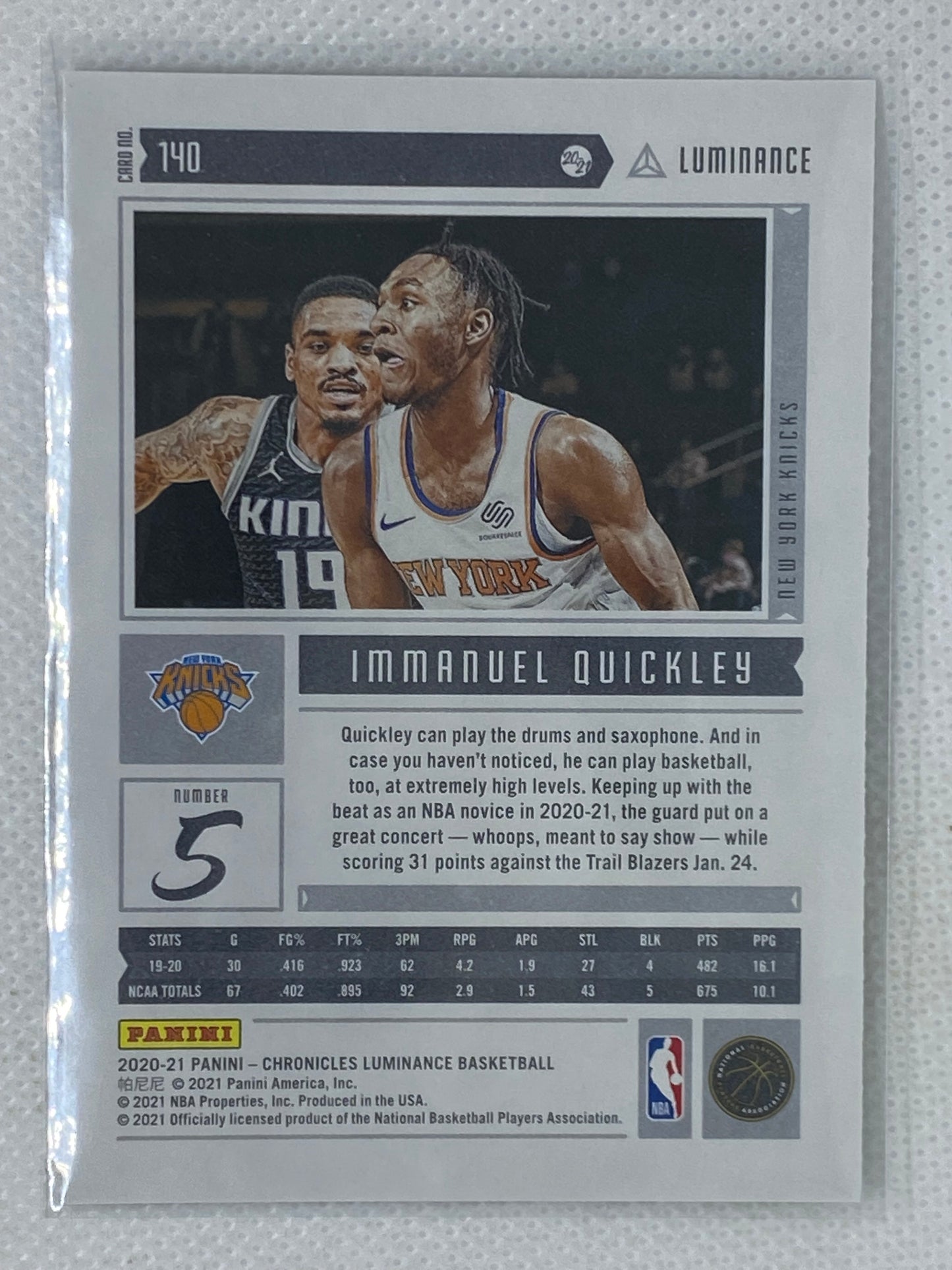 2020-21 Panini Chronicles Luminance Immanuel Quickley Rookie New York Knicks #140