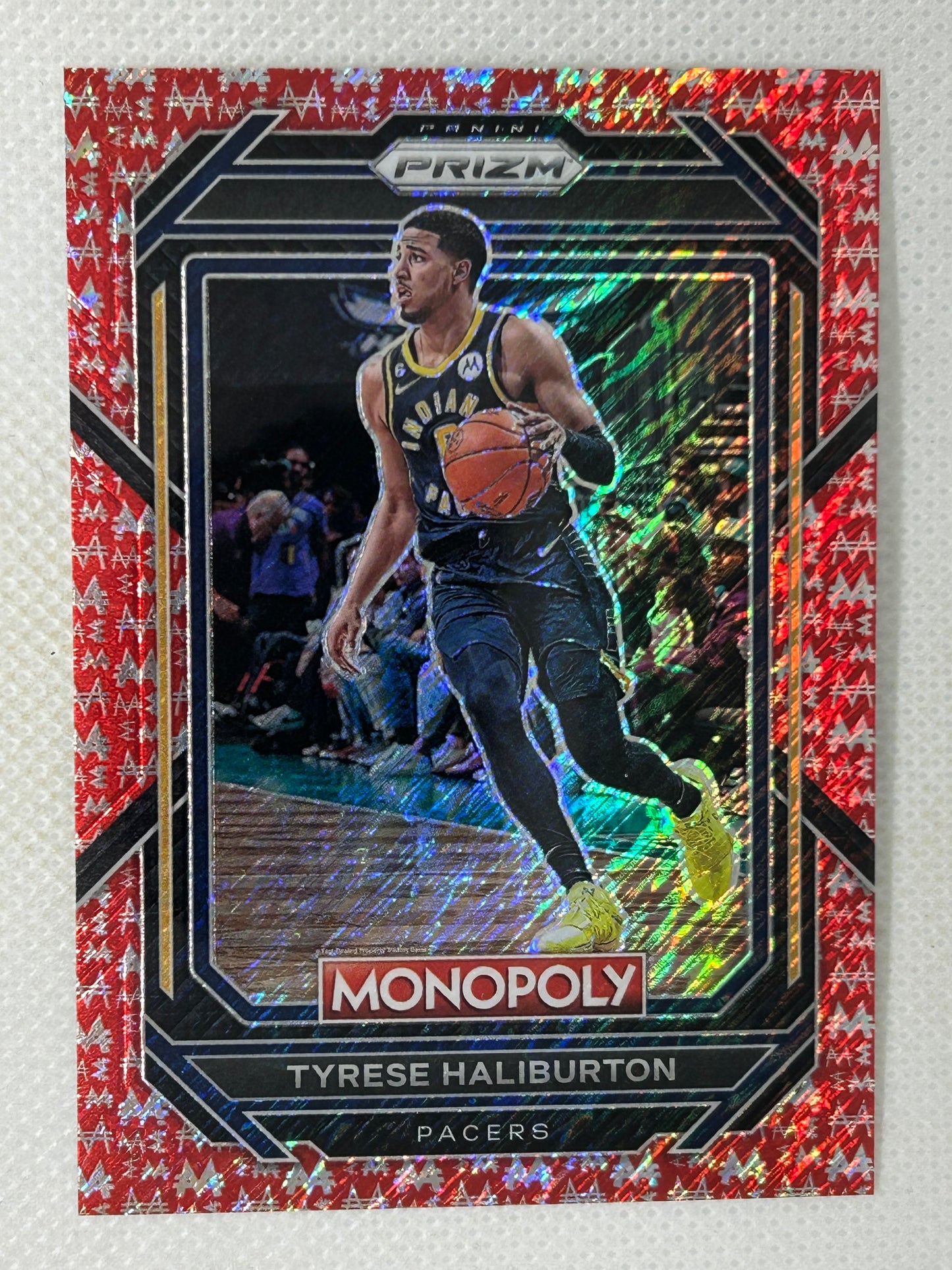 2022-23 Panini Prizm Monopoly Red Money Shimmer Prizm #34 Tyrese Haliburton /100 Indiana Pacers