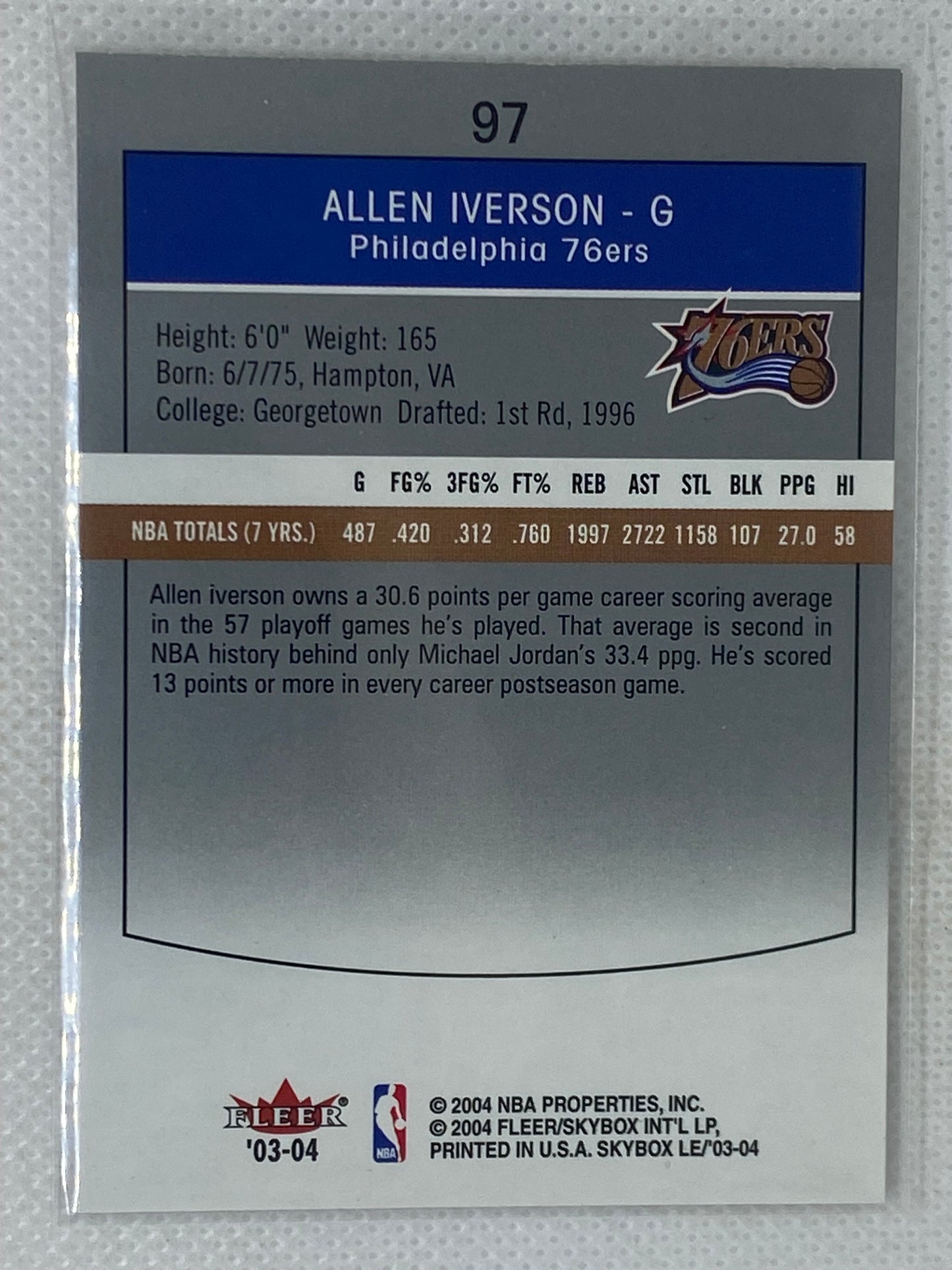 2003-04 Skybox Limited Edition Allen Iverson #97 HOF Philadelphia 76ers