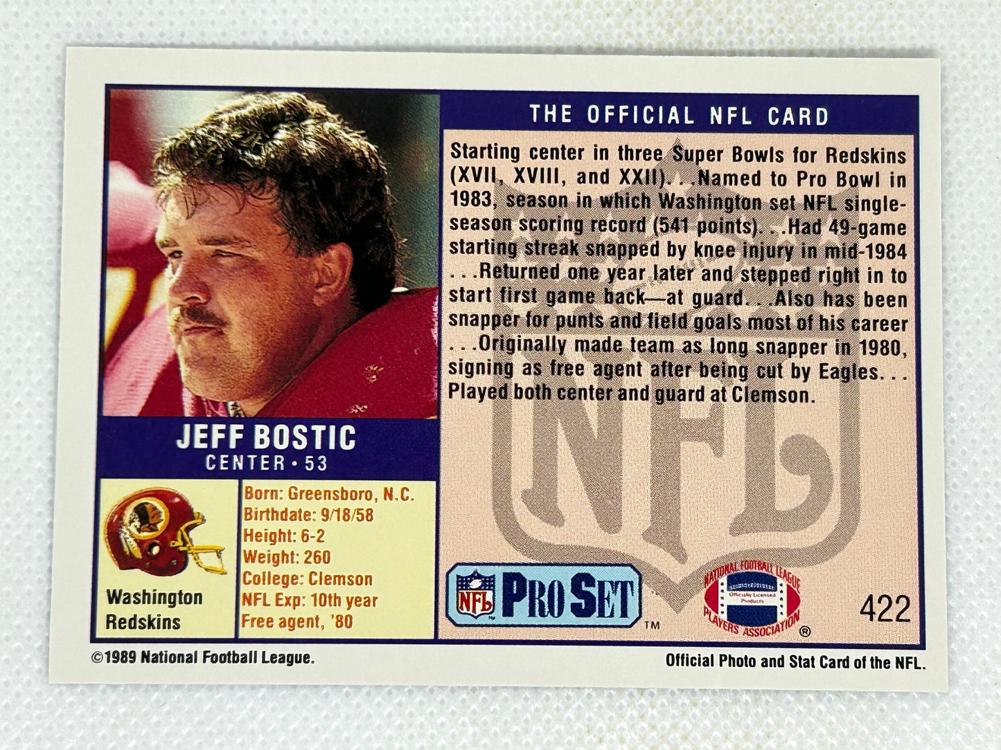 1989 Pro Set #422 Jeff Bostic Washington Redskins Signed Card