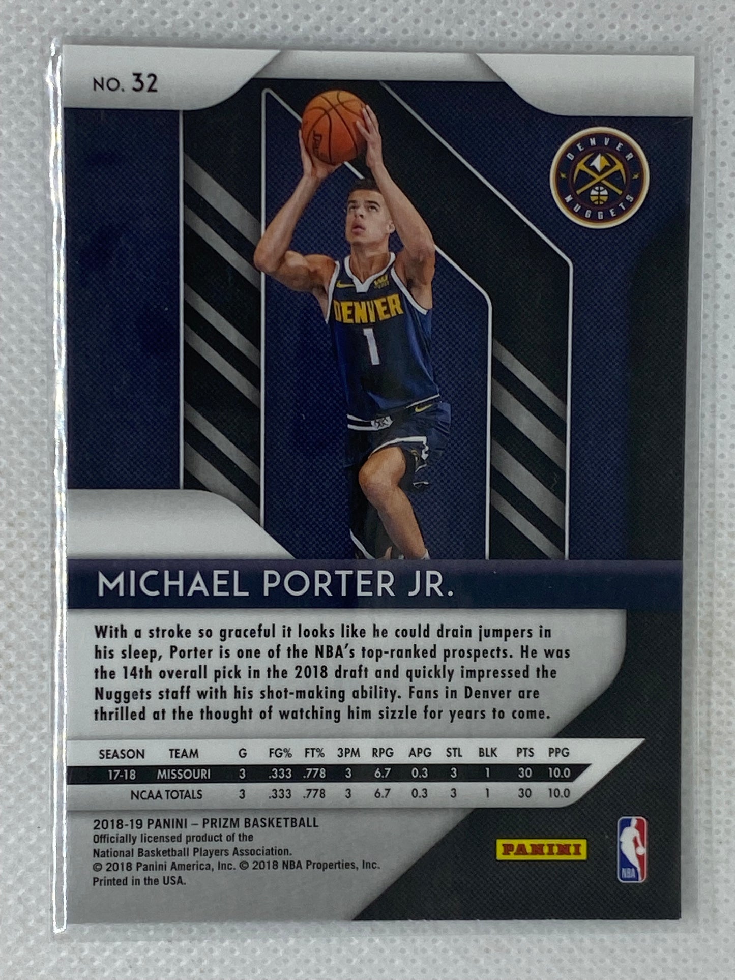 2018-19 Panini Prizm Michael Porter Jr. Rookie RC Card #32 Denver Nuggets