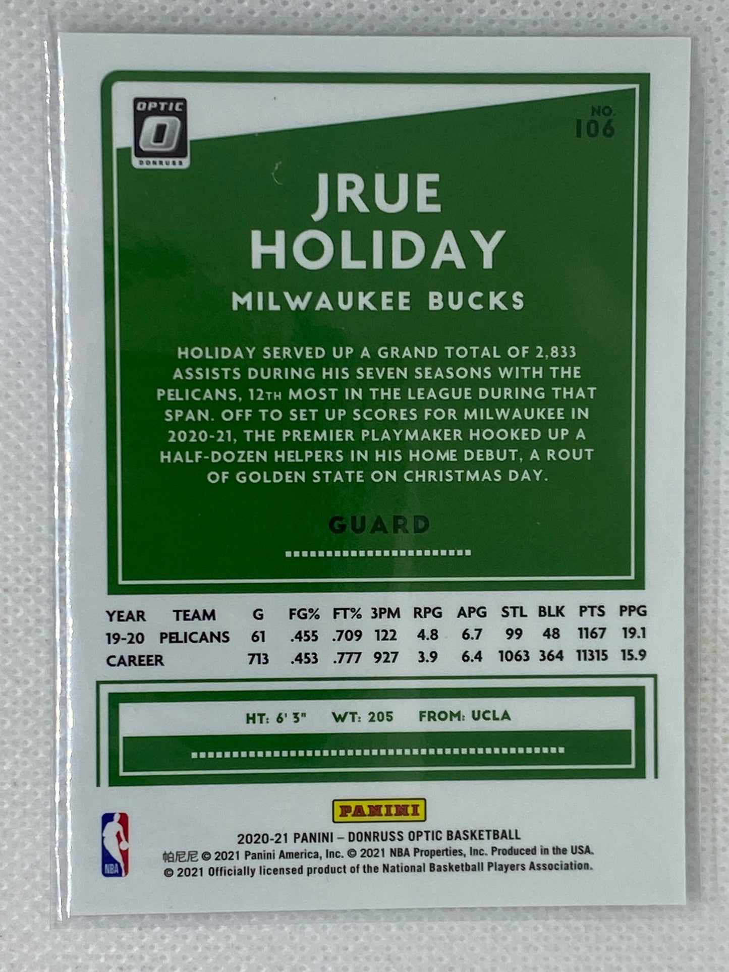 2020-21 Panini Optic Jrue Holiday #106 Milwaukee Bucks