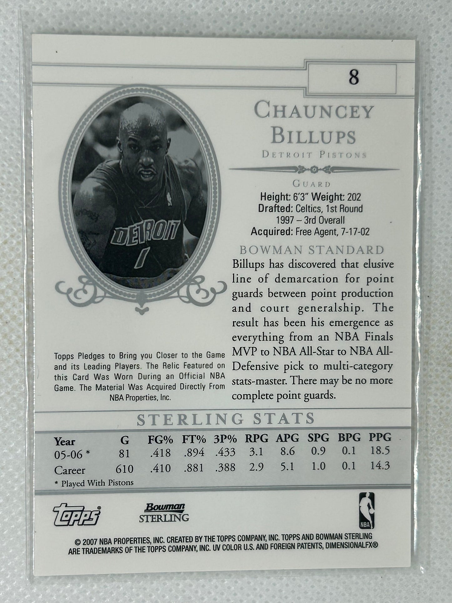 2006-07 Topps Bowman Sterling Relic Chauncey Billups #8 Detroit Pistons