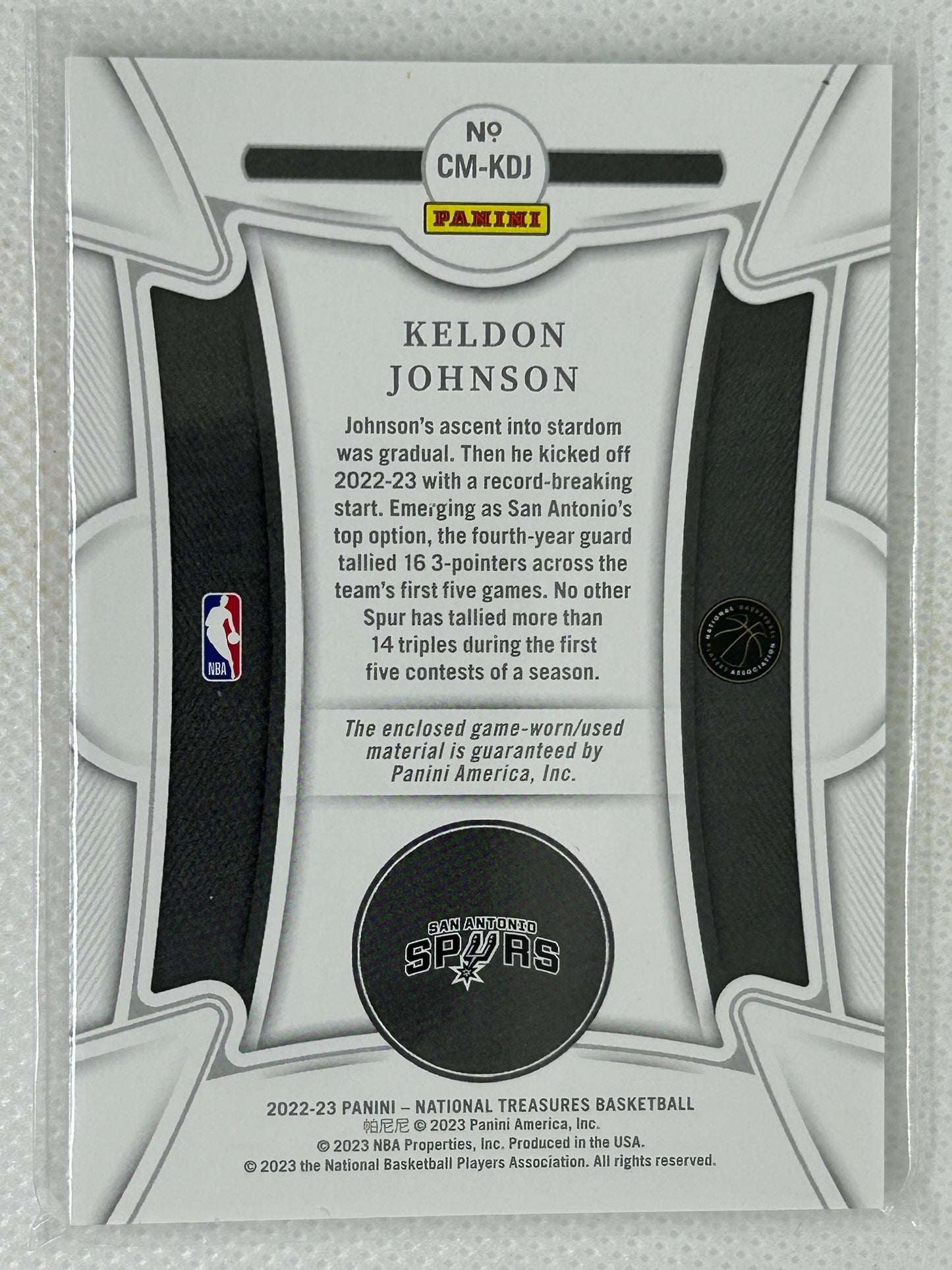 2022-23 Panini National Treasures Century Materials Keldon Johnson CM-KDJ San Antonio Spurs