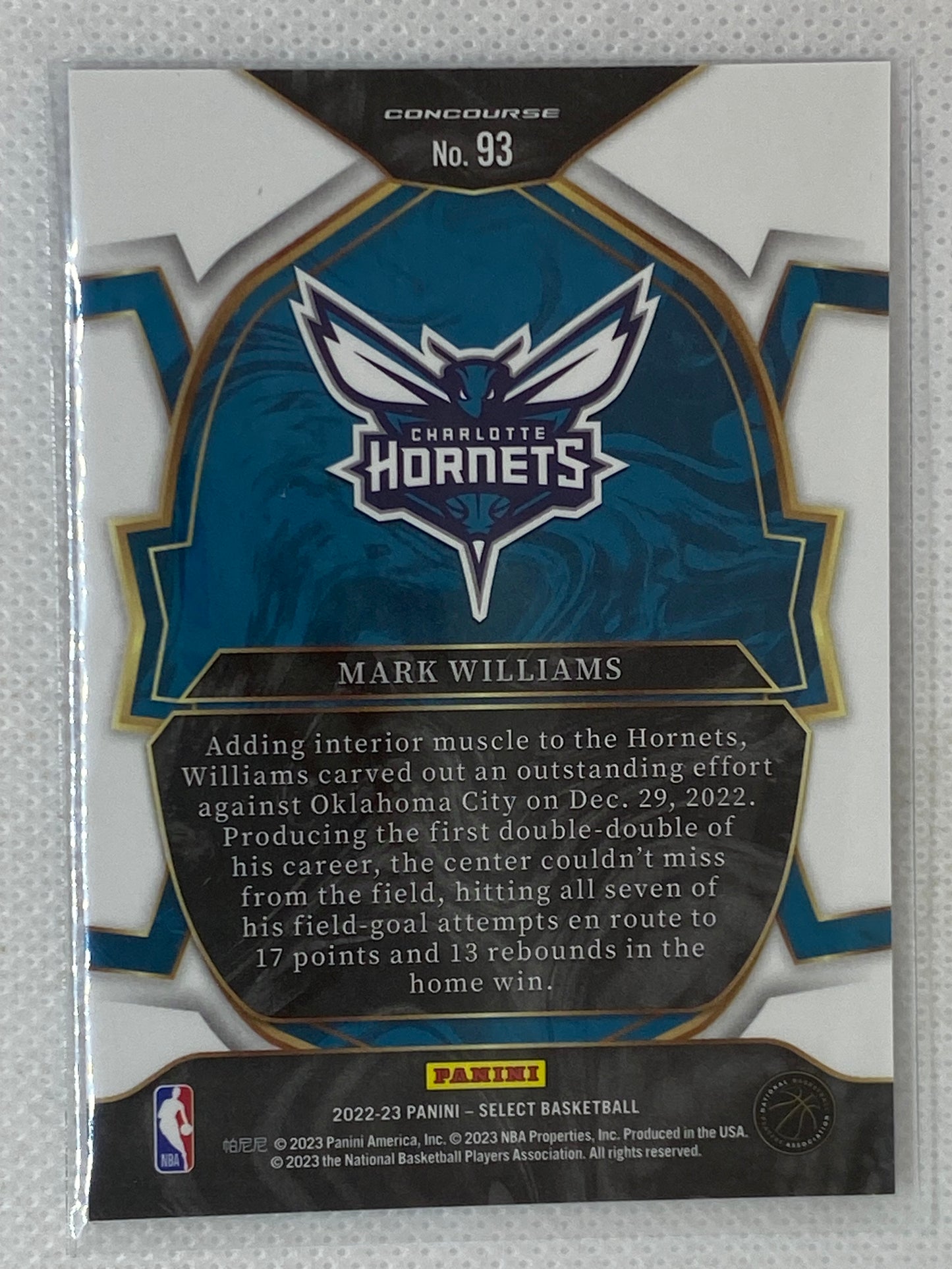 2022-23 Panini Select Concourse Blue Rookie Mark Williams #93 Charlotte Hornets