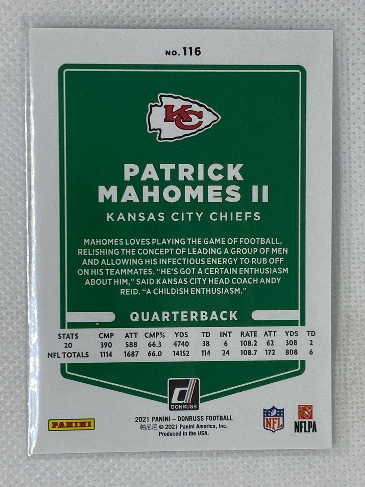 2021 Panini Donruss Football Card #116 Patrick Mahomes II Kansas City Chiefs